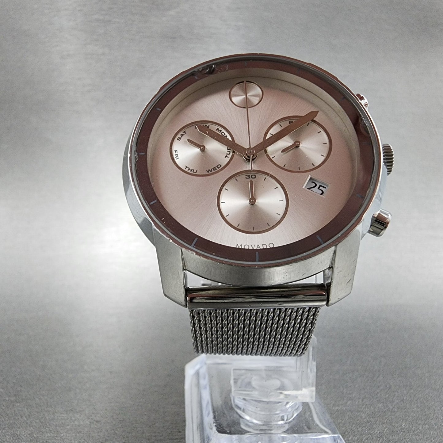 Movado Bold Chronograph Watch Men 44mm Silver Dial Steel Daydate Round New batt