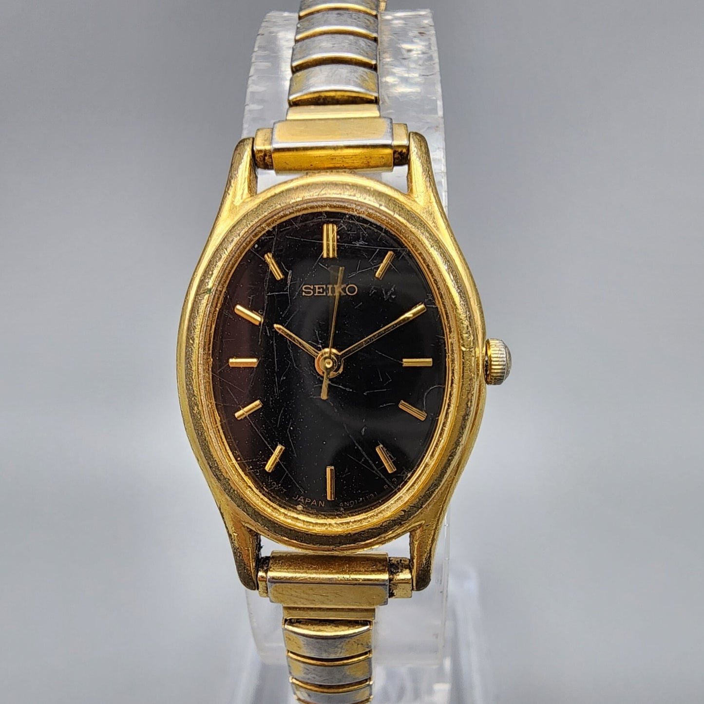 VTG Seiko Watch Women 20mm Black Dial Gold Tone Oval 4N01-5060 New Battery