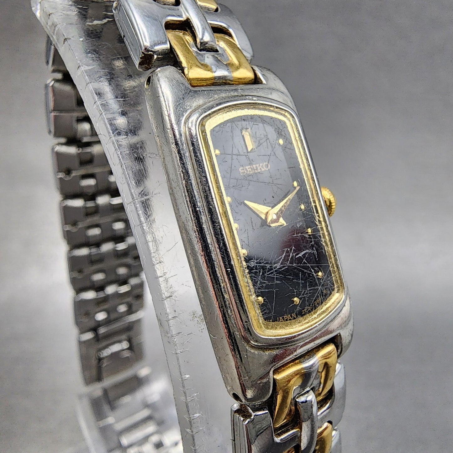 Seiko Watch Women 14mm Black Dial Two Tone Rectangle 2E20-7289 New Battery