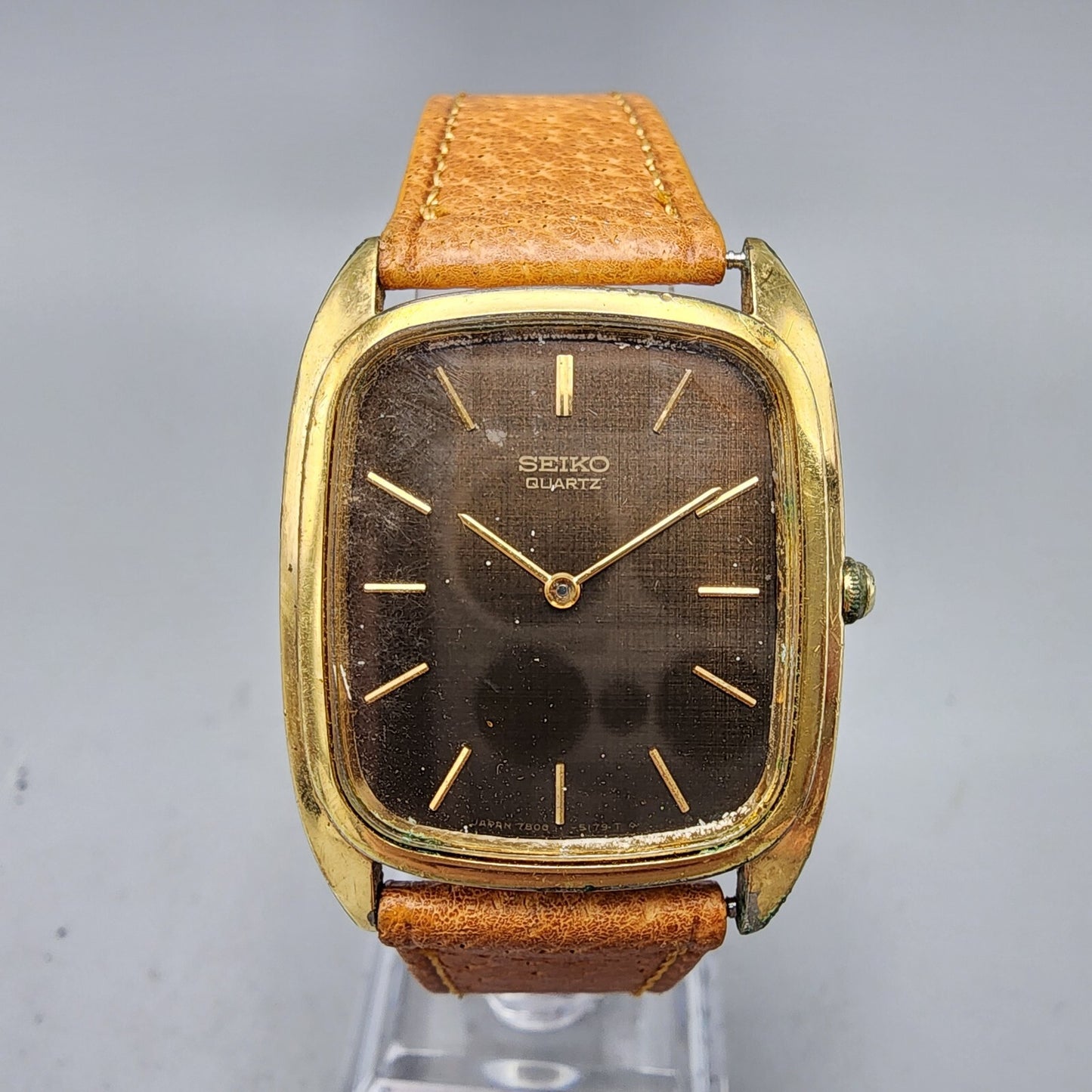 VTG Seiko Watch Men Gold Tone Brown Dial 29mm Oval 7800-5189 New Battery