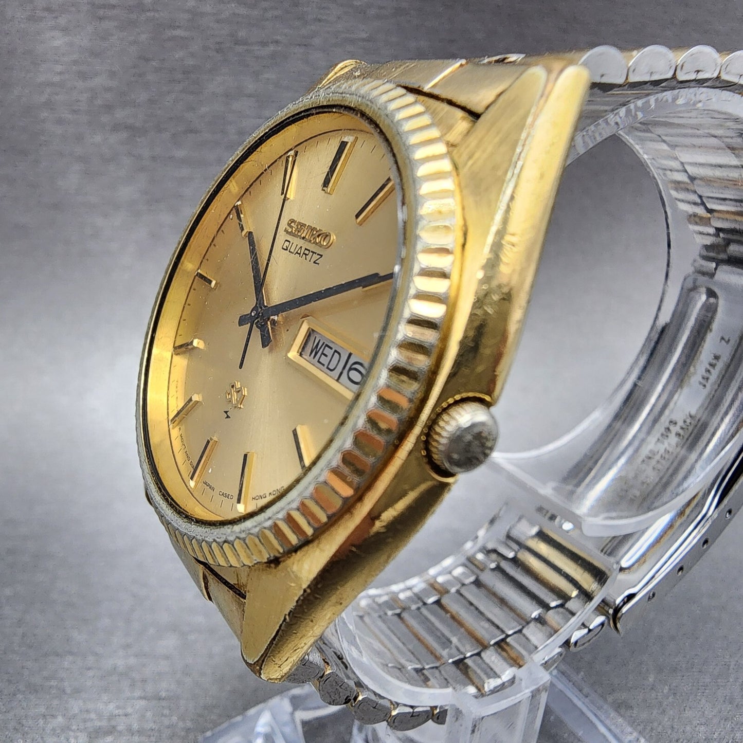 Seiko SQ President Watch Men 36mm Gold Dial Gold Plated Daydate Round NewBat C89