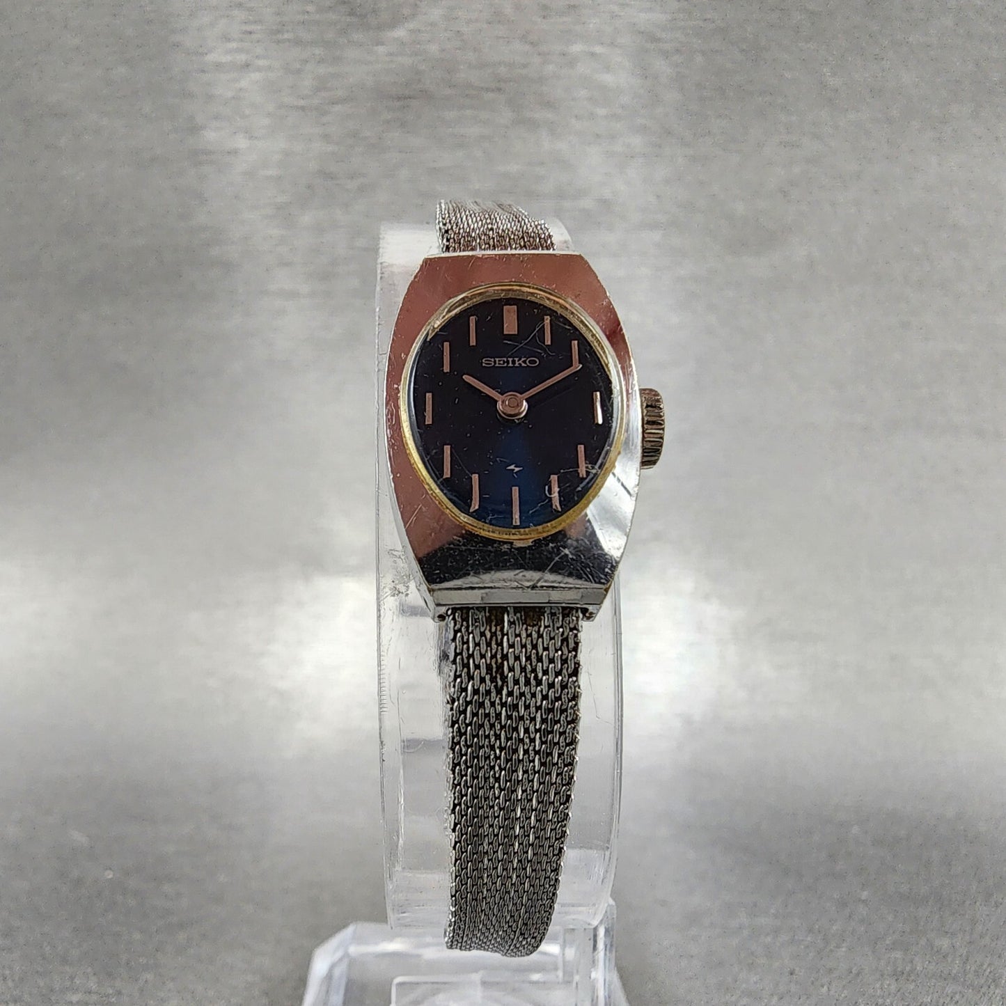 VTG Seiko Watch Women 15mm Blue Dial Silver Tone Manual Wind Rectangle 11 Runs
