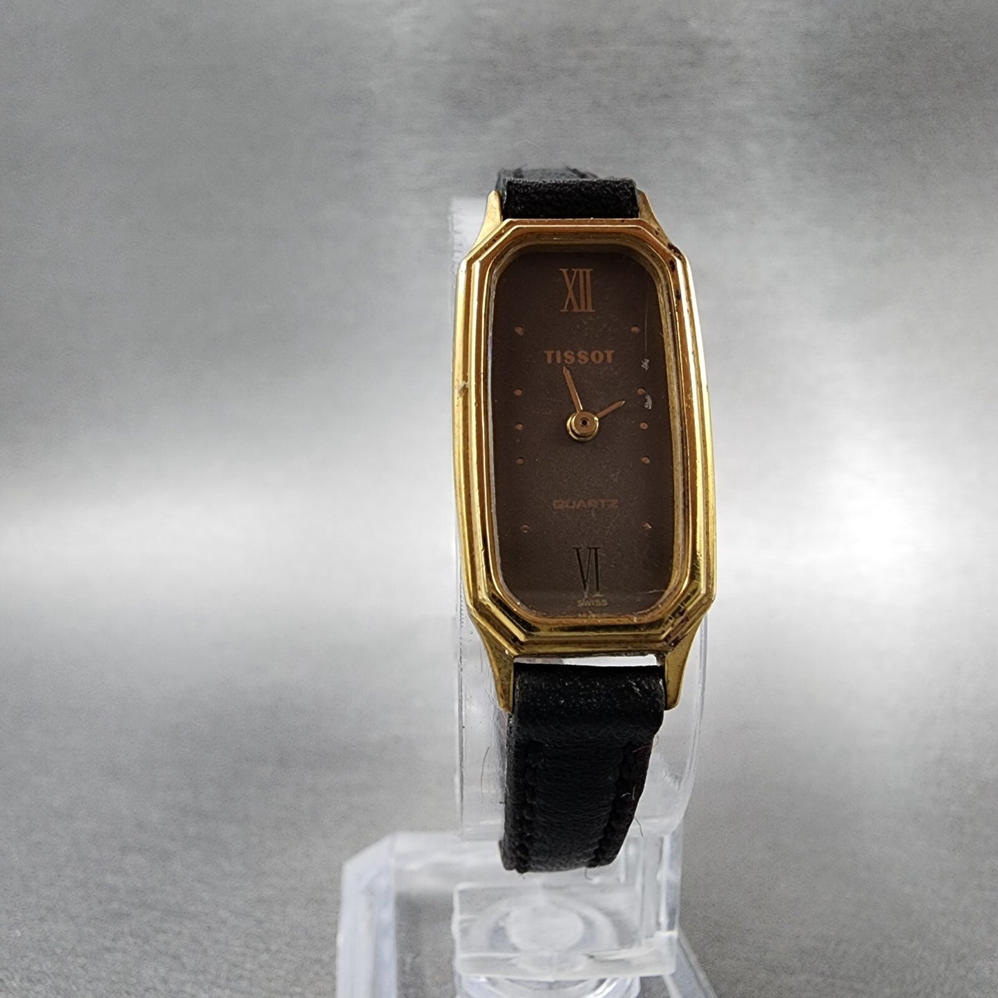Tissot Tank Watch Women 14mm Brown Dial Gold Tone Octagon New Battery