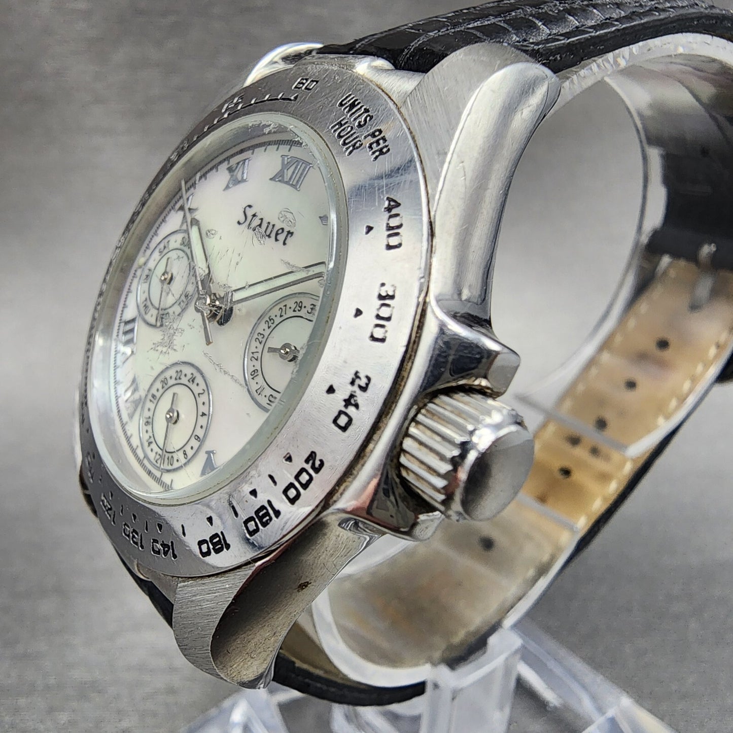 Stauer Monaco Watch Women 35mm MOP Dial Steel Daydate Round 15458 New Battery