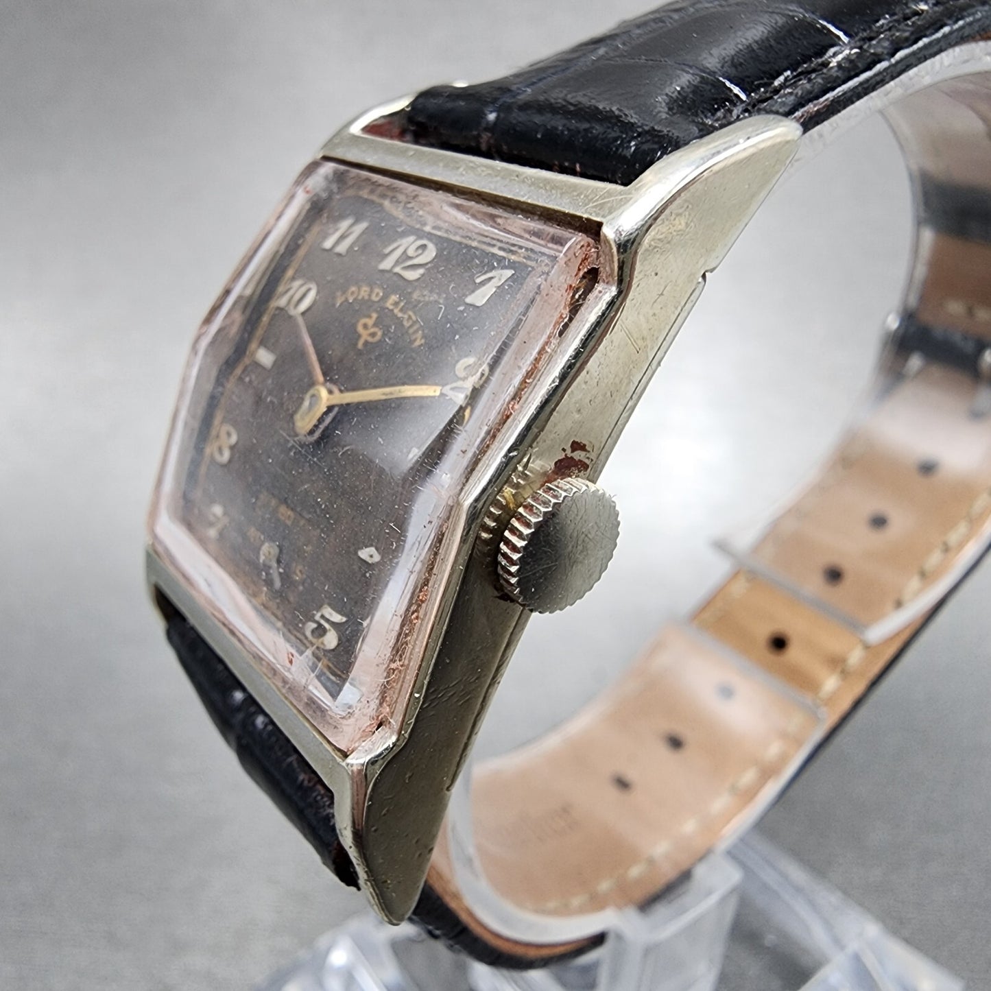 Lord Elgin Tank Watch Men 23mm Black Dial Silver Tone Manual Rectangle Runs