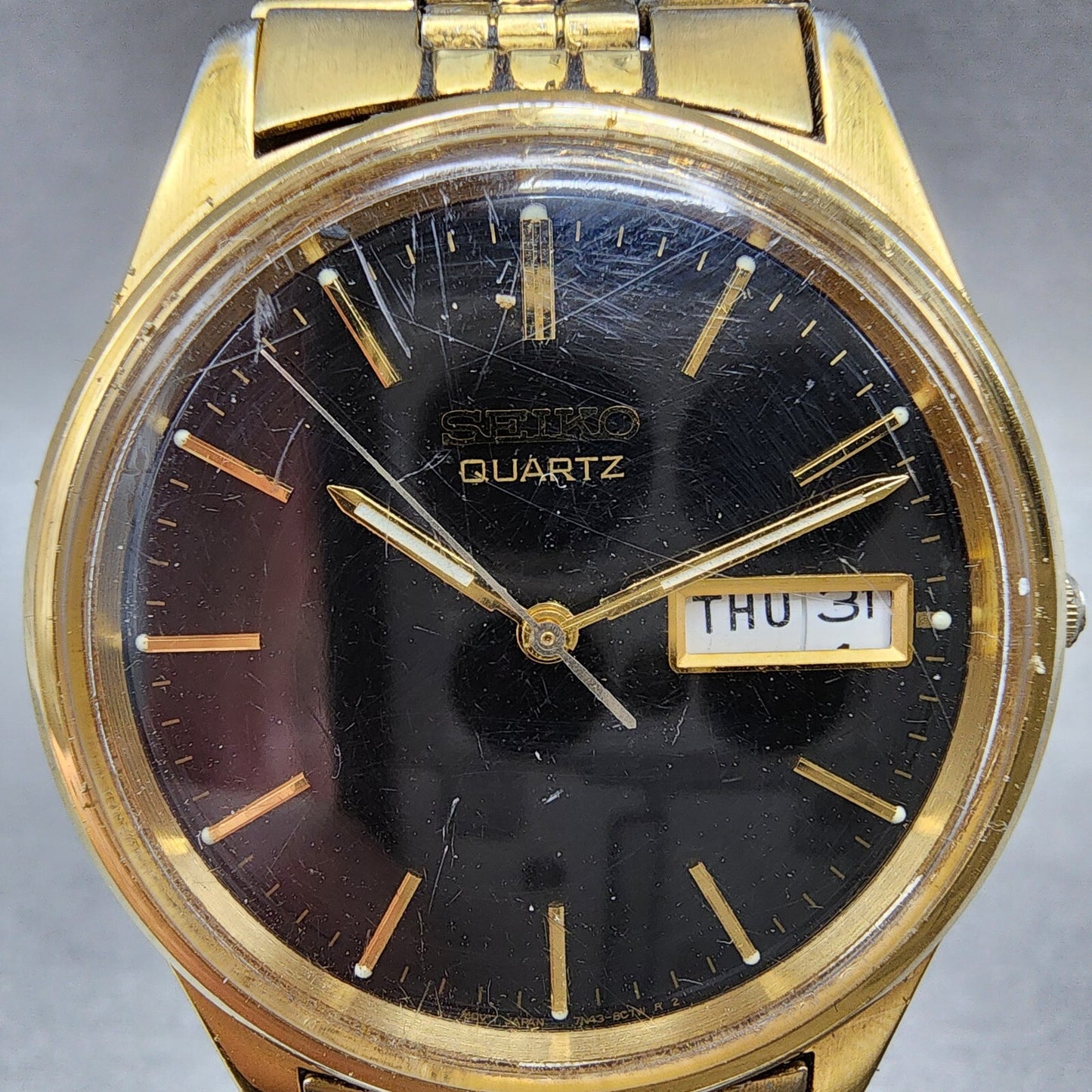 Seiko Watch Men 35mm Black Dial Gold Tone Daydate 7n43-8a39 New Battery READ