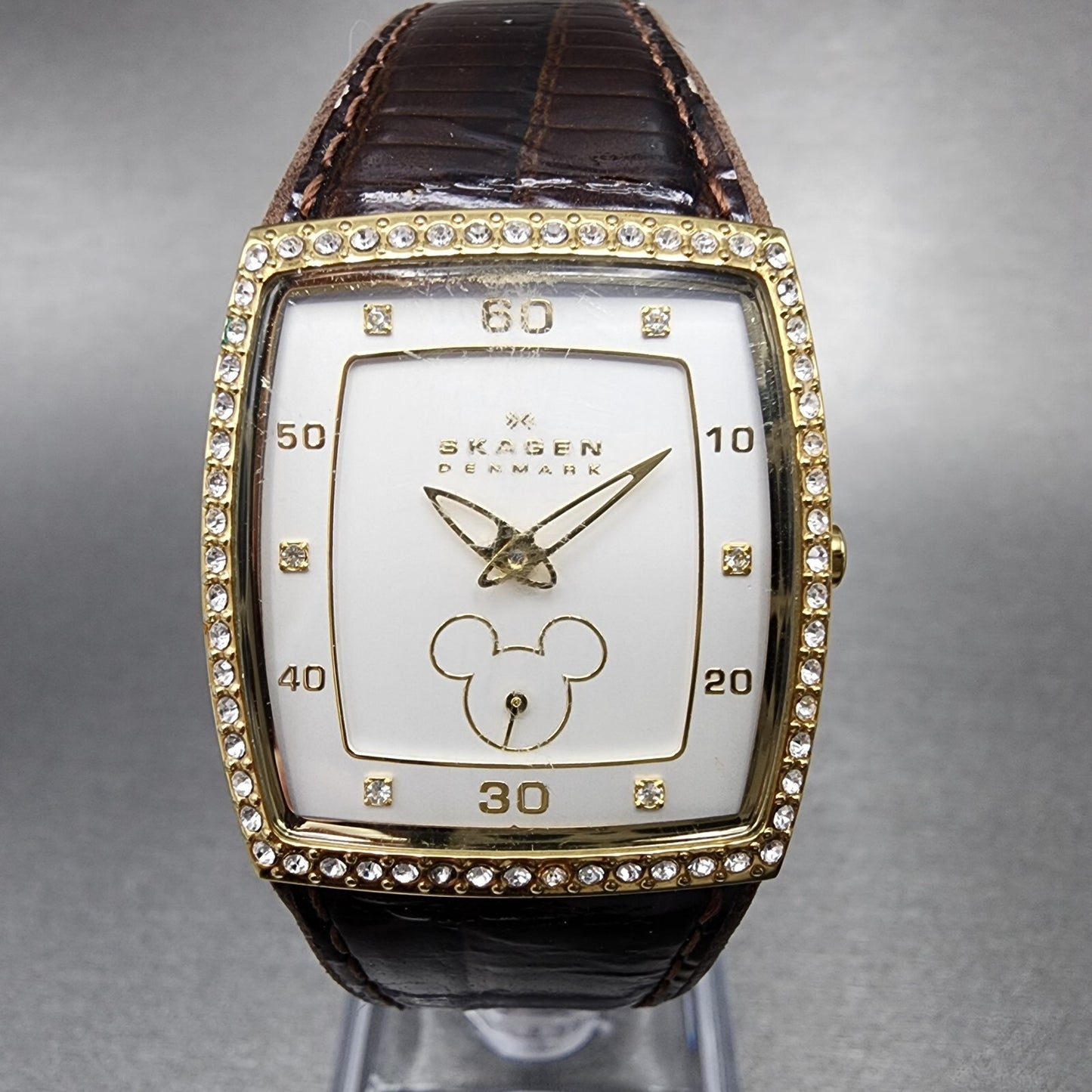 Skagen Mickey Mouse Watch Women 27mm White Dial Gold Tone Rectangle New Battery