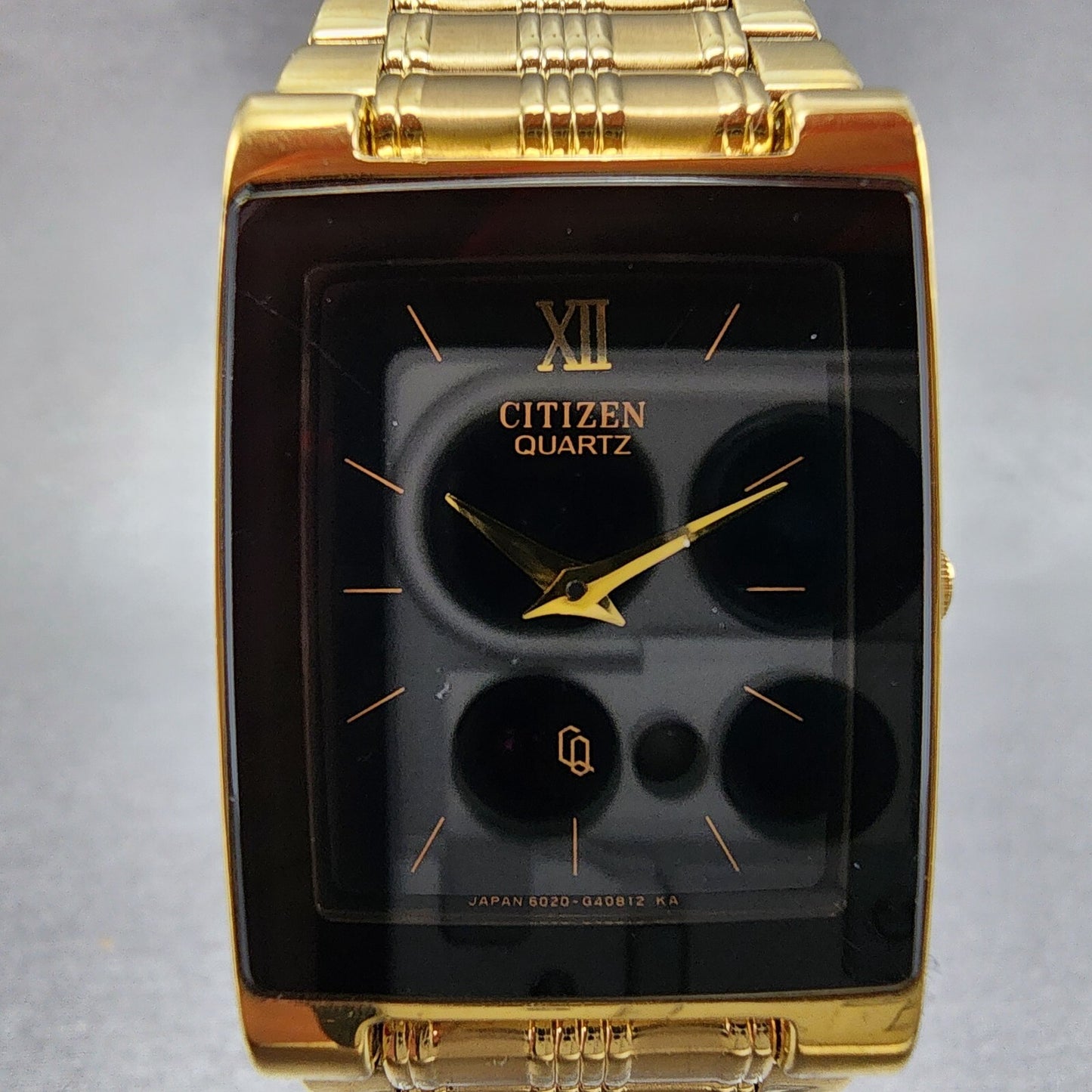 Citizen CQ Tank Watch Men 25mm Black Dial Gold Tone 1022-H14231 New Battery
