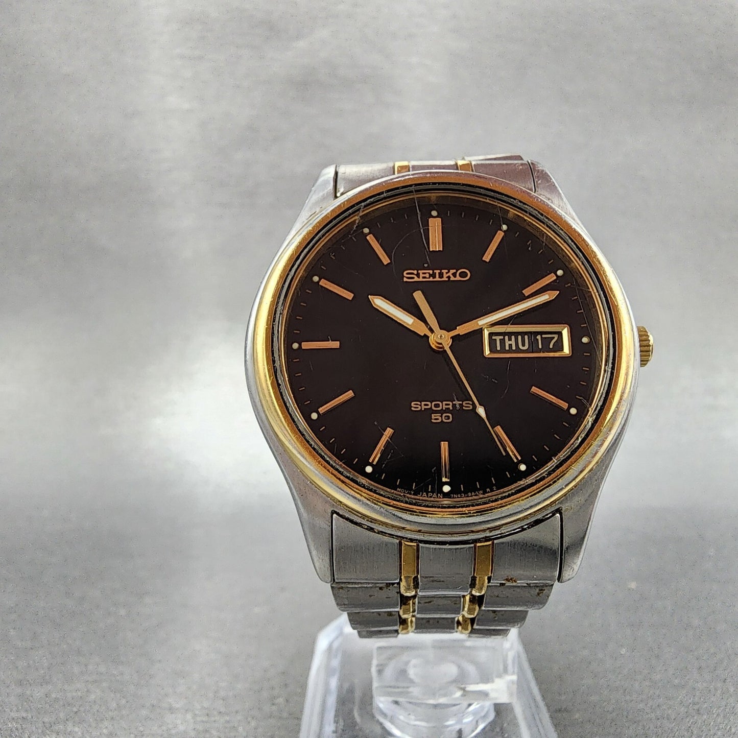 Seiko Sport 50 Watch Men 37mm Black Dial Two Tone Daydate 7n43-9a00 New Battery