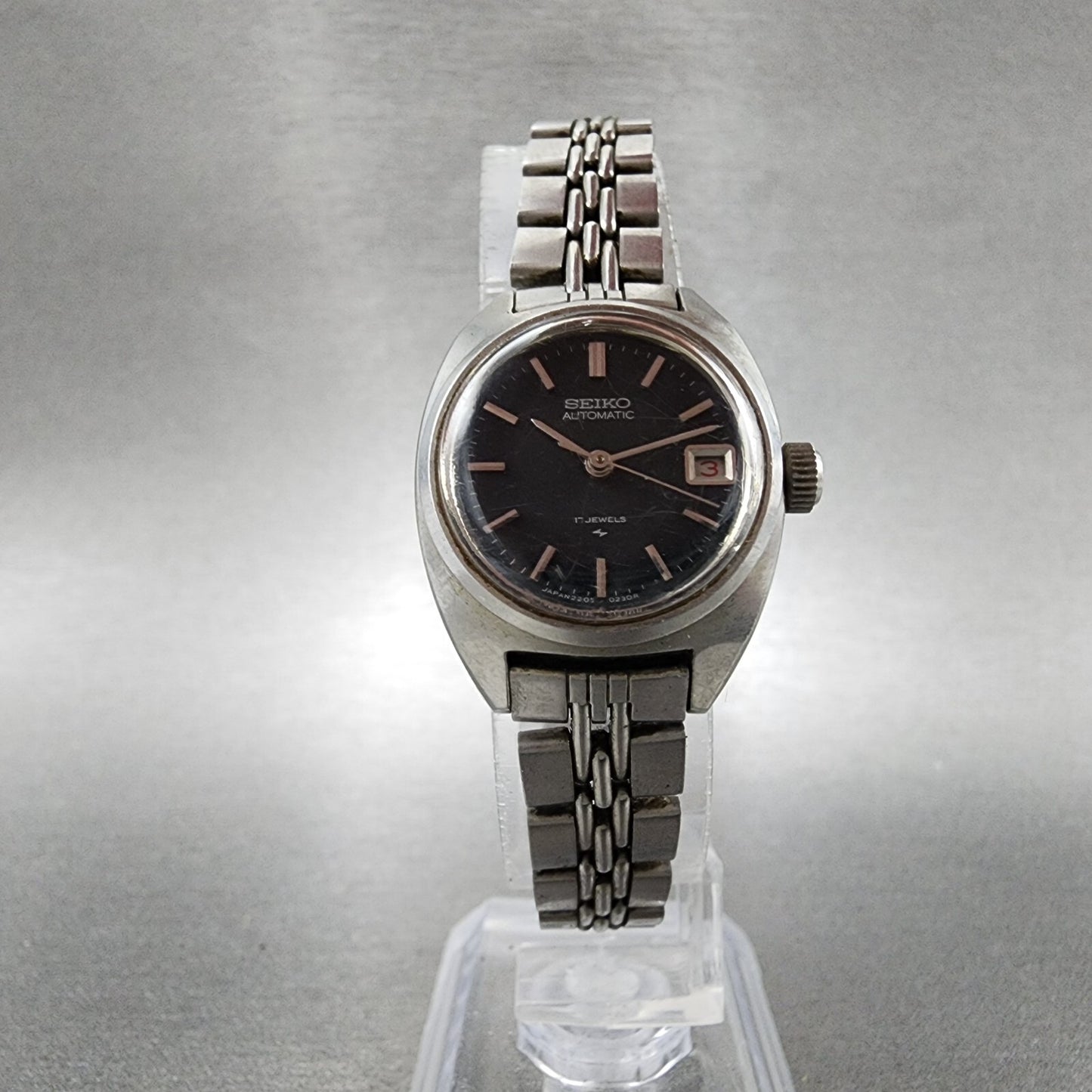 Seiko Automatic Watch Women 24mm Black Dial Silver Tone Date 2205-0050 Runs