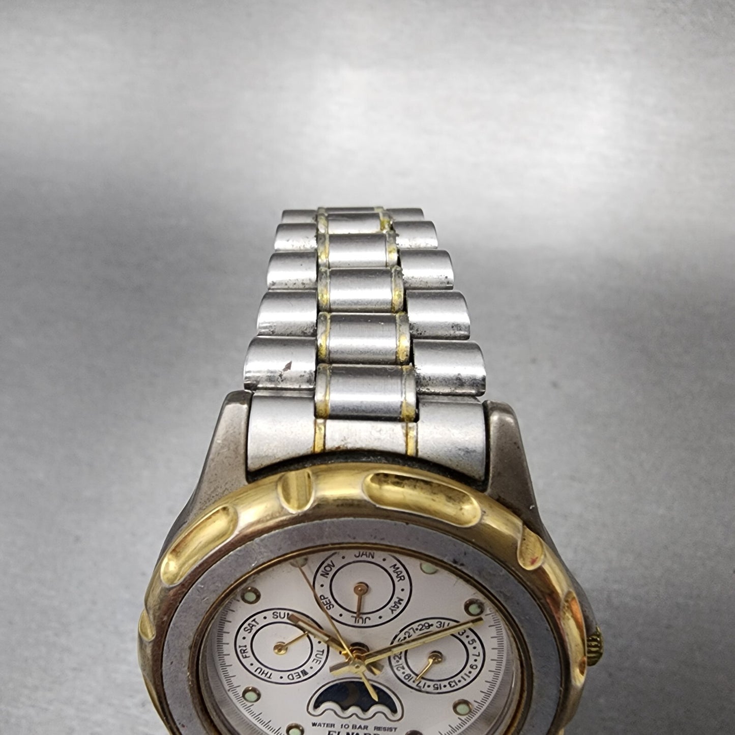 Elnard Triple Calendar Watch Men 37mm White Dial Two Tone Sun&Moon Round New Bat
