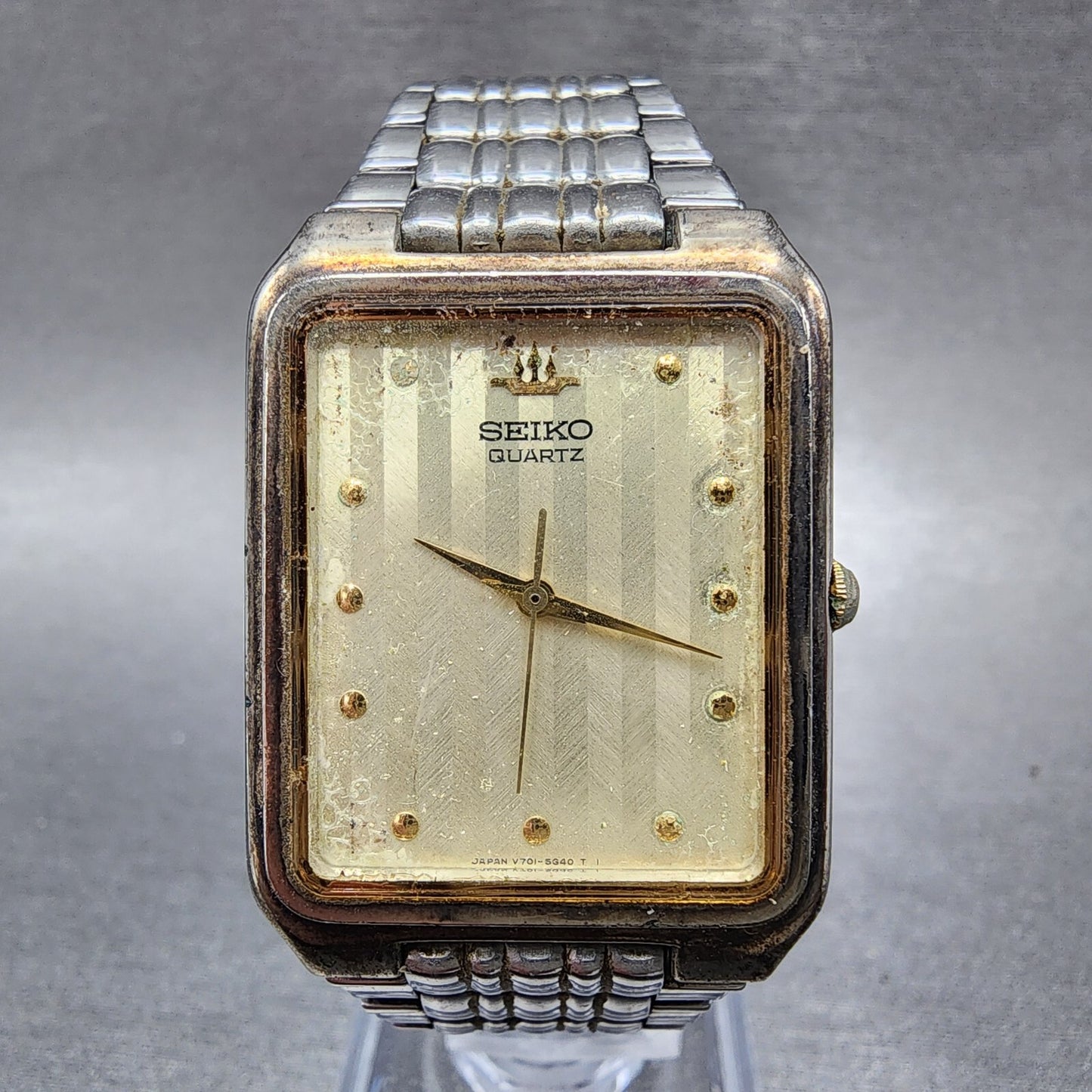 Seiko Tank Watch Men 27mm Champagne Dial Silver Tone Rectangle V701-5K90 PARTS