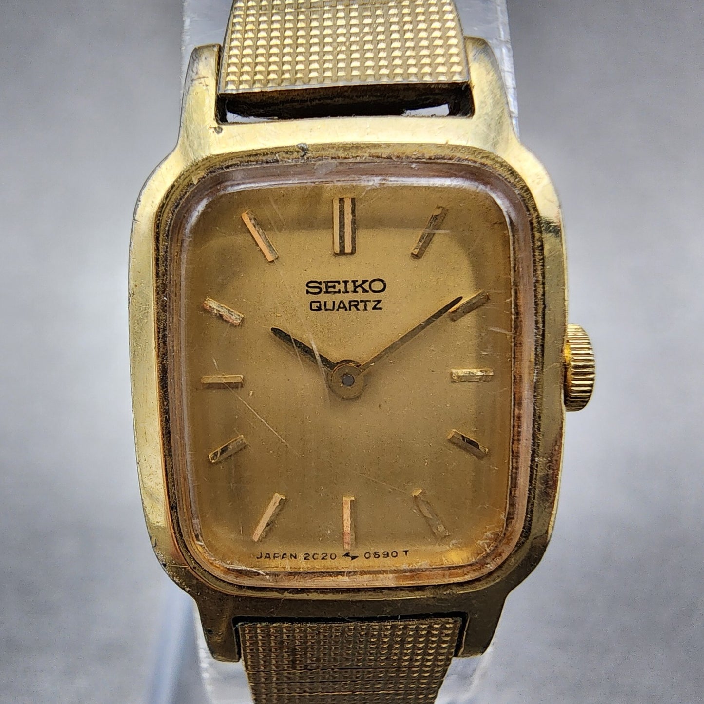 VTG Seiko Watch Women 17mm Gold Dial Gold Tone Rectangle 2C20-5320 New Battery