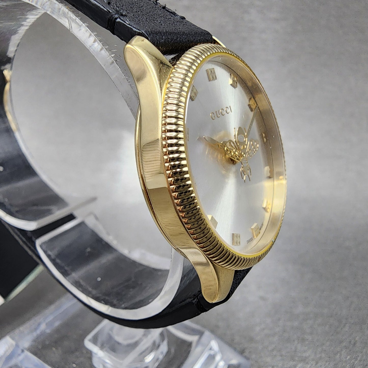Gucci G-Timeless Watch Women 29mm Silver Dial Gold Tone Round Leather YA1265023