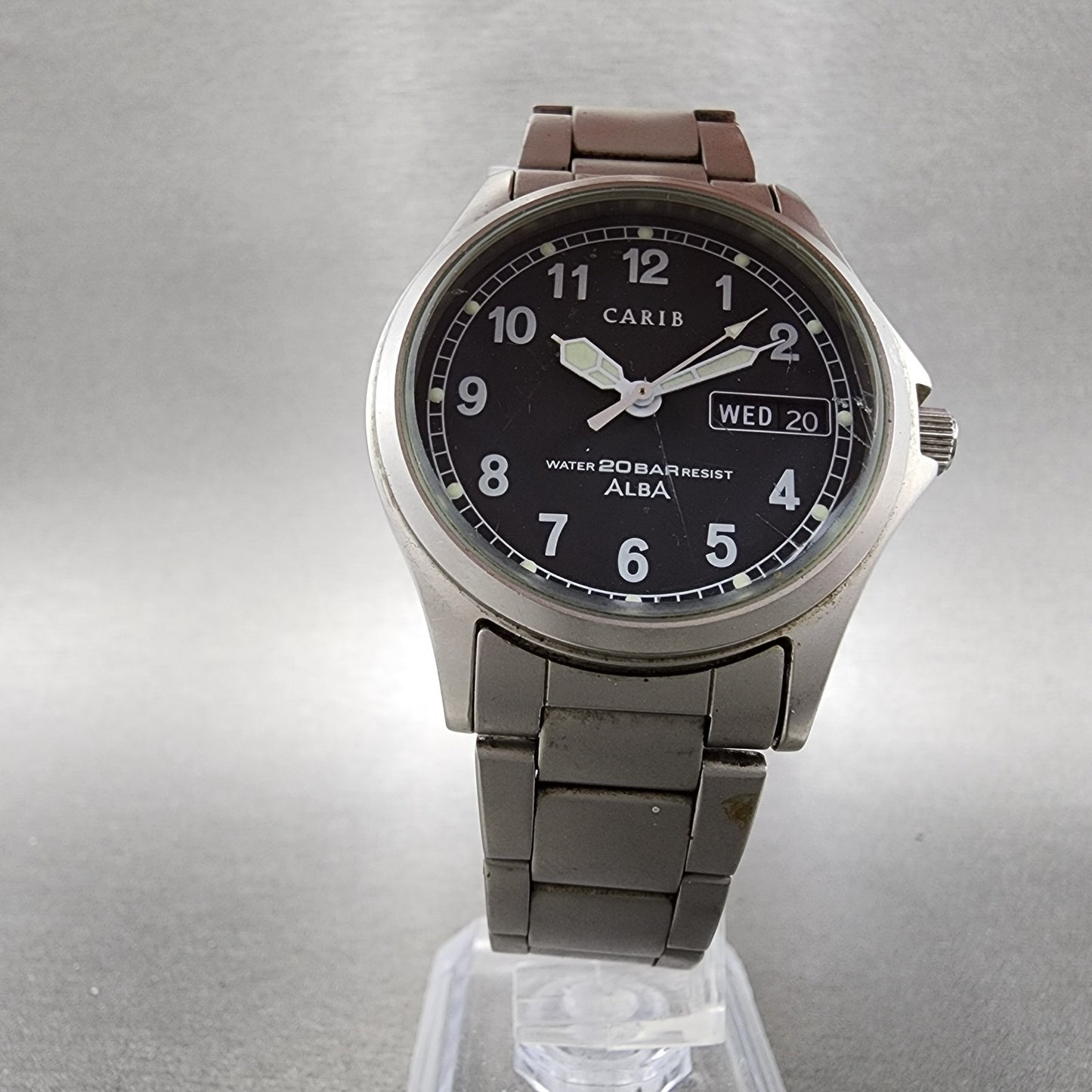 Seiko Alba Carib Watch Men 36mm Black Dial Silver Tone Daydate V743-8000 New Bat