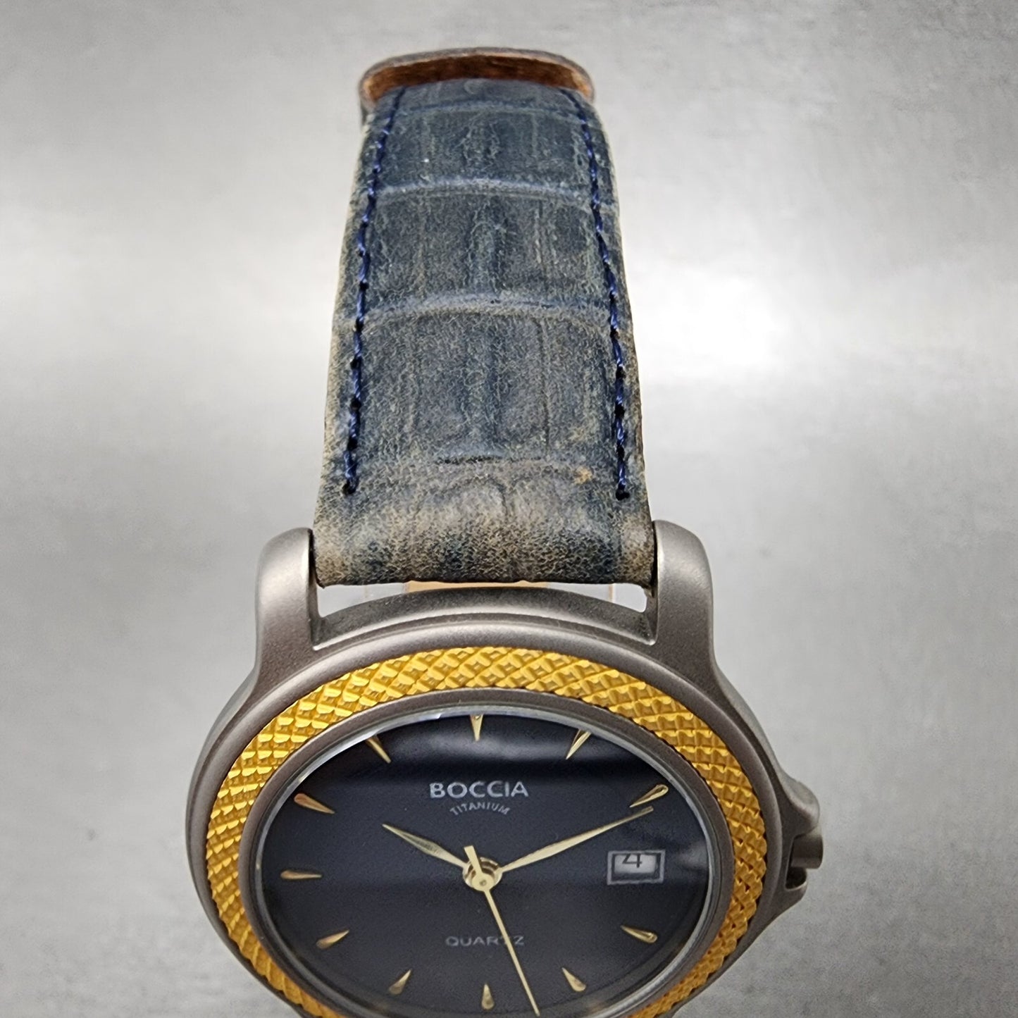 Boccia Titanium Watch Men 36mm Blue Dial Two Tone Leather Band Round New Battery