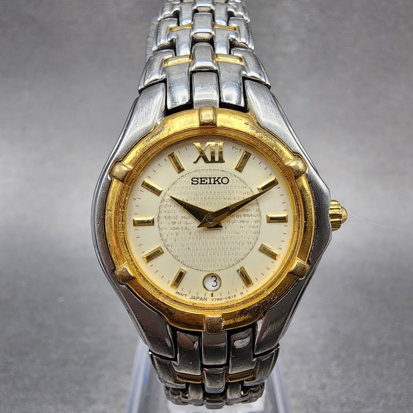 Seiko Watch Women 26mm Champagne Dial Two Tone Date V789-0369 New Battery