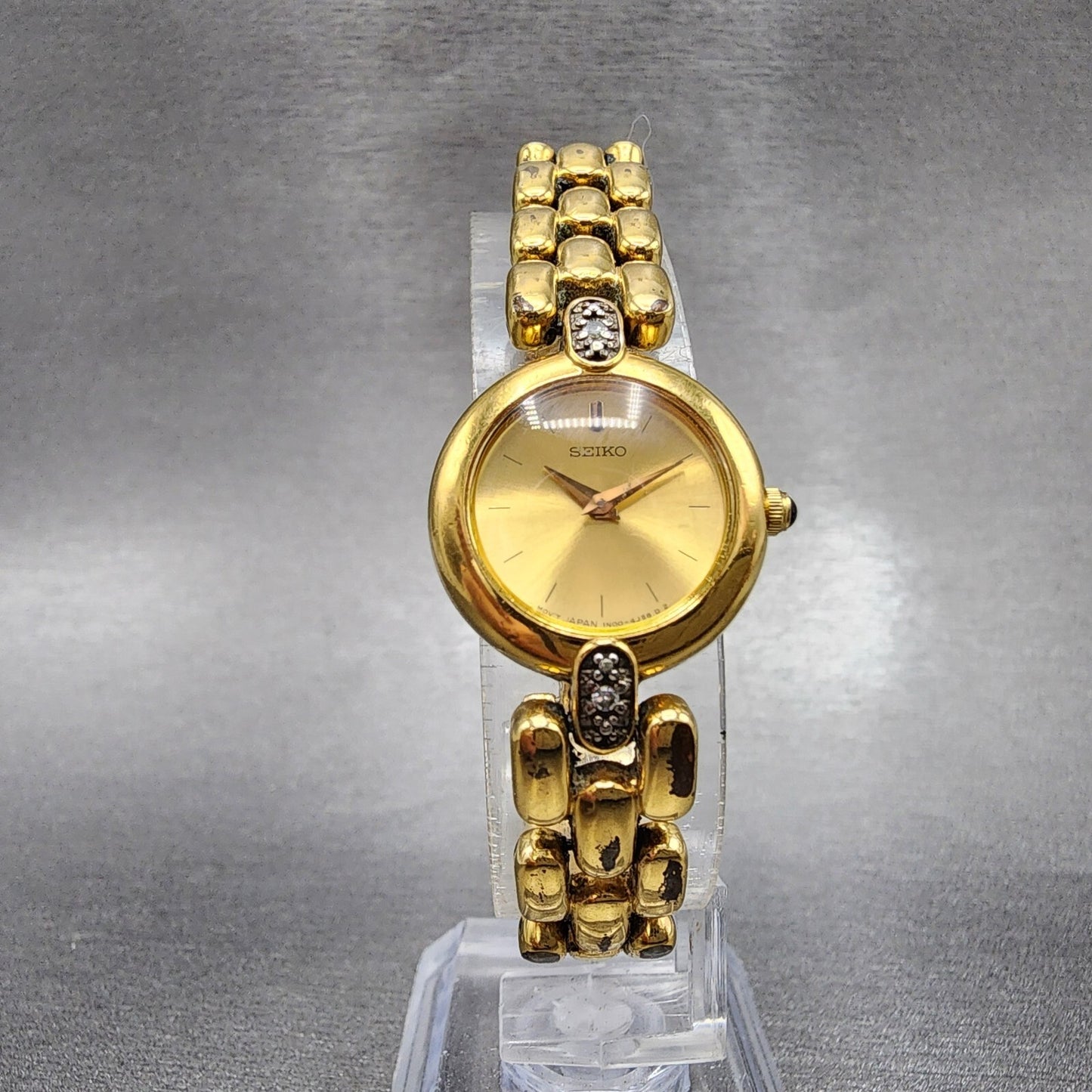 Seiko Watch Women 20mm Gold Dial Gold Tone Diamond Round 1N00-1C99 New Batt VTG