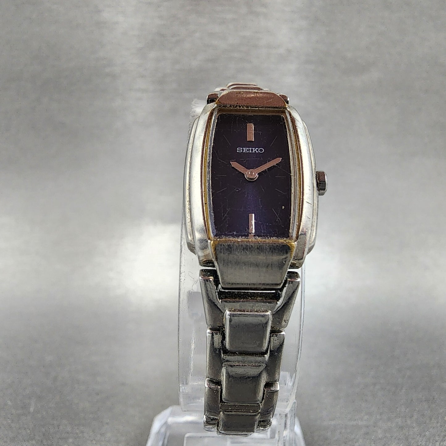 VTG Seiko Watch Women 16mm Blue Dial Silver Tone Rectangle 1N00-0GA0 New Battery