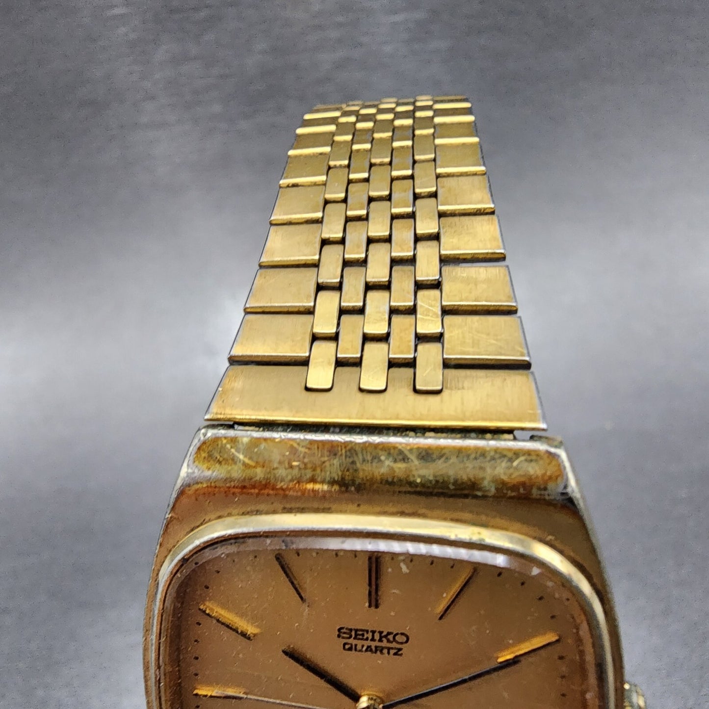 Seiko Watch Men 32mm Gold Dial Gold Tone Rectangle 7810-5139 New Battery