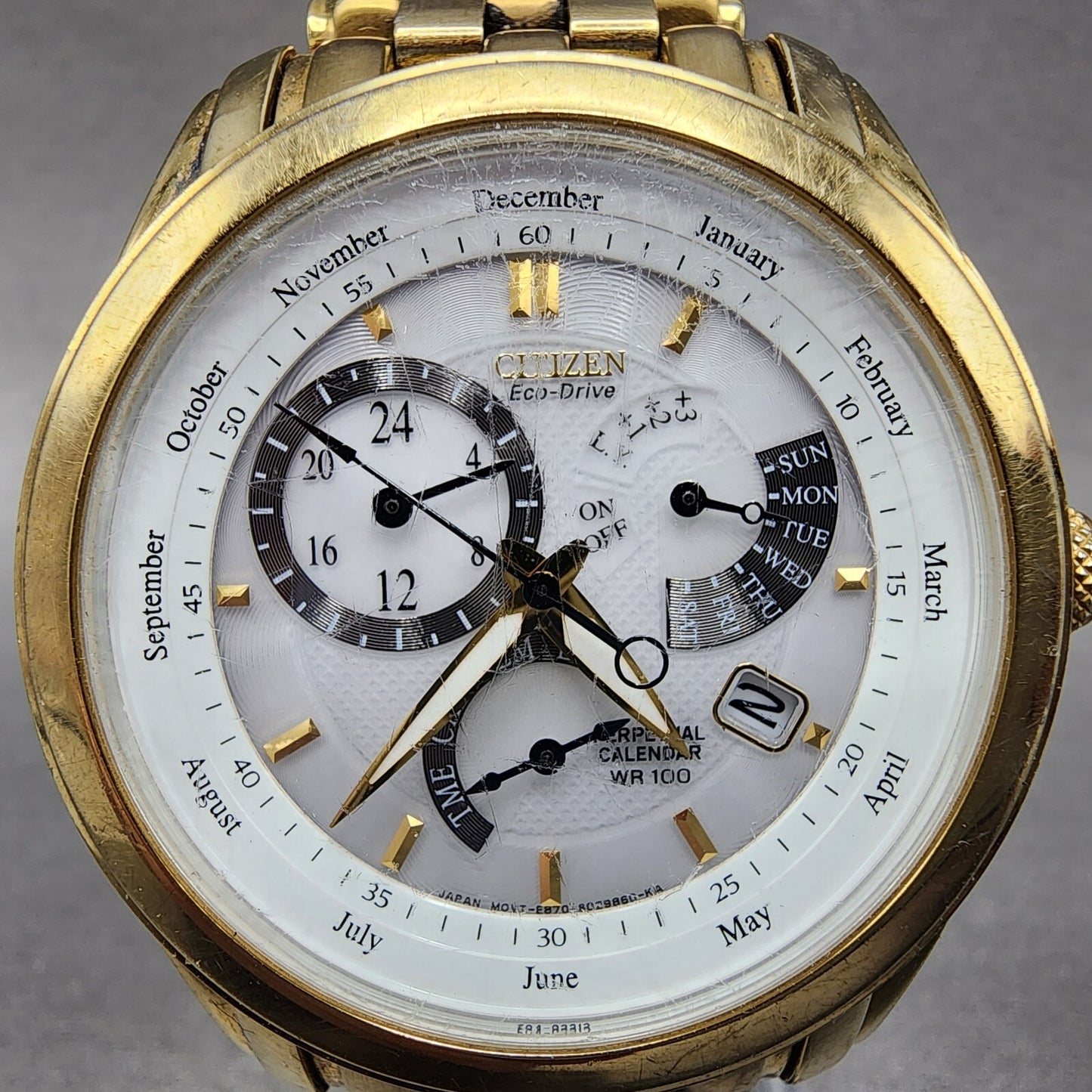 Citizen Eco-Drive Cal 8700 Watch Men 39mm White Dial Gold Perpetual Calendar B12