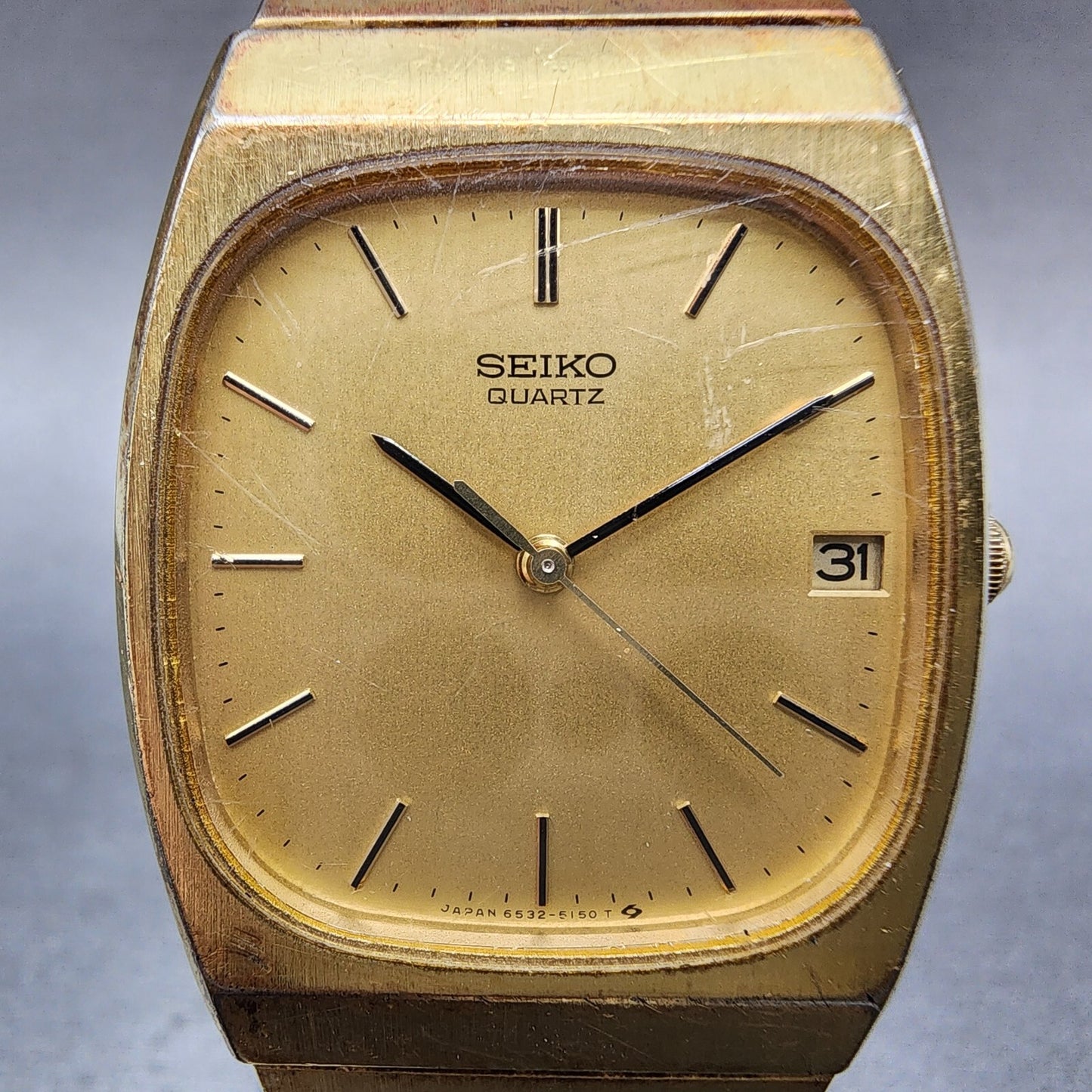 Seiko Tank Watch Men 28mm Gold Dial Gold Tone Rectangle 6532-5119 New Battery