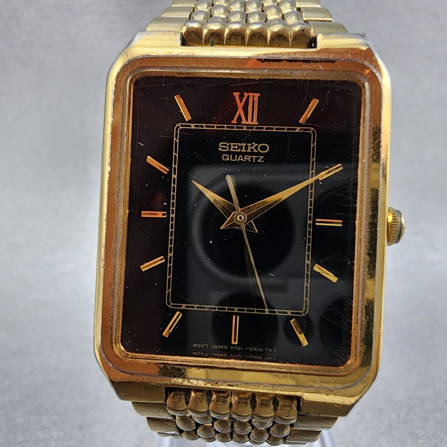 Seiko Tank Watch Men 26mm Black Dial Gold Tone Rectangle V701-5j09 New Battery
