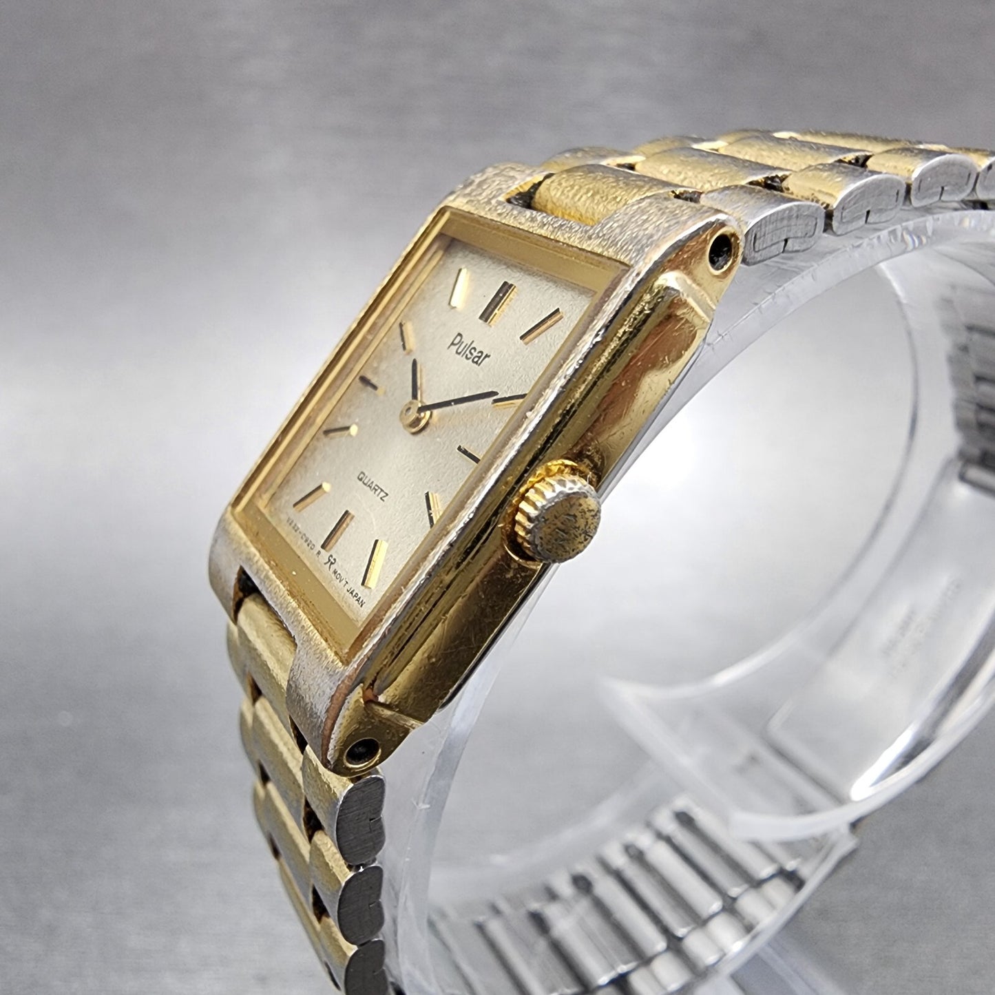 Pulsar Tank Watch Women 17mm Champagne Dial Gold Tone Rectangle New Battery