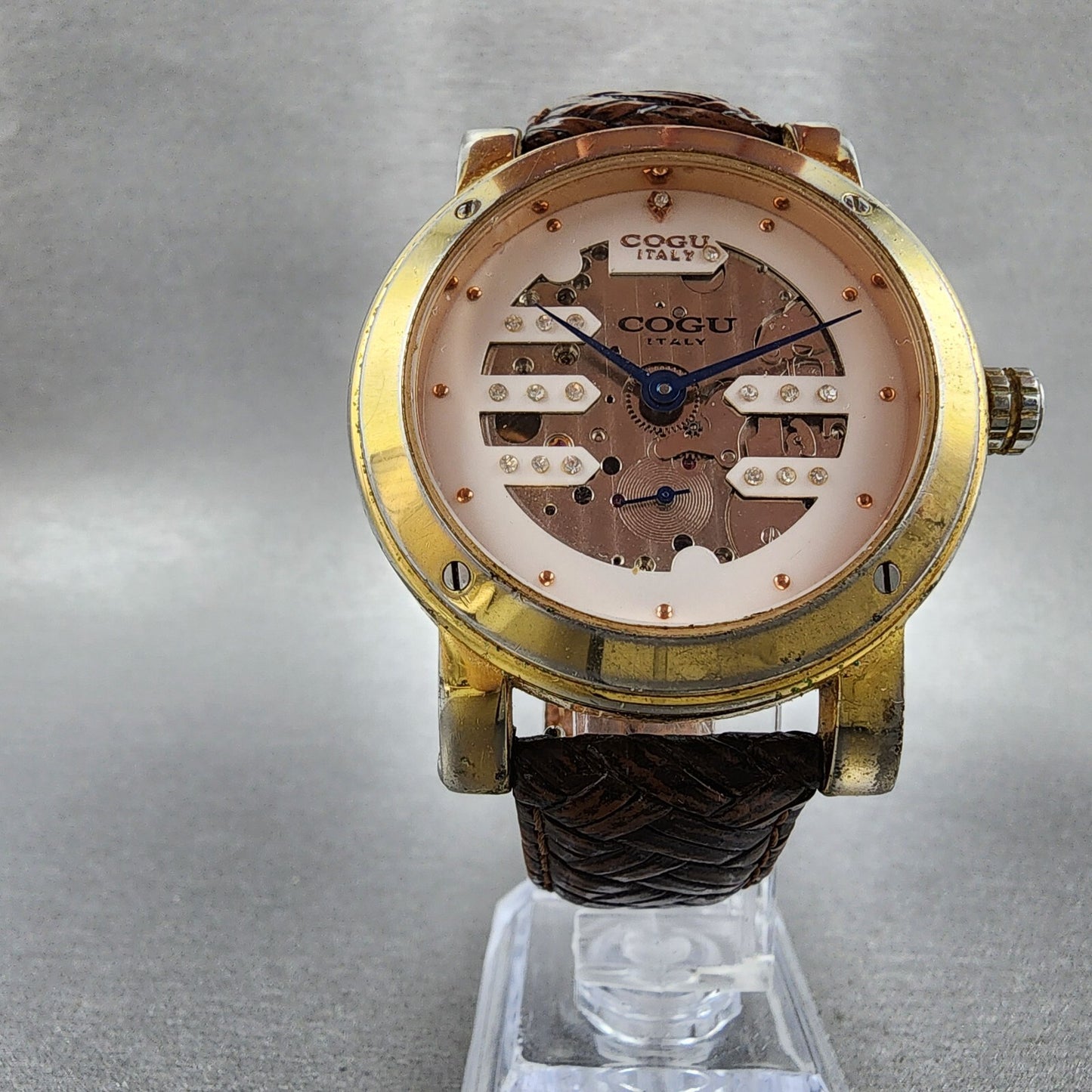 COGU Skeleton Watch Men 42mm Skeleton Dial Gold Tone Automatic Leather Band Runs