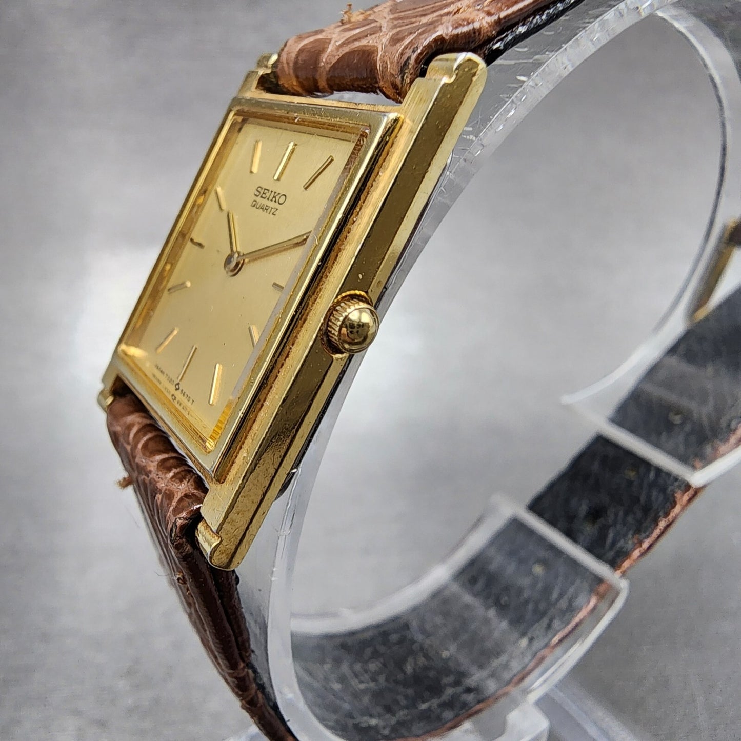 Seiko Tank Watch Women 20mm Champagne Dial Gold Tone 7320-5430 New Battery