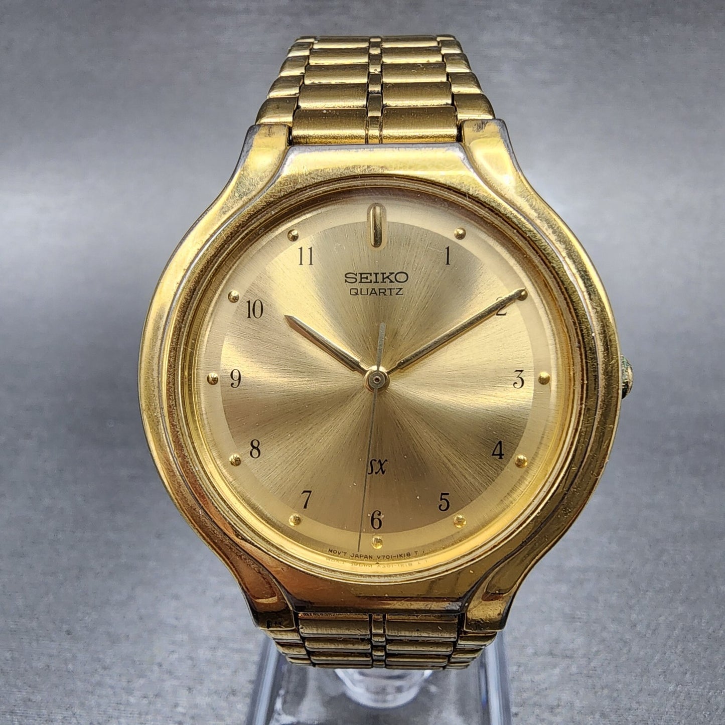 Seiko SX Watch Men 34mm Gold Dial Gold Tone Round V701-6J60 PARTS REPAIR