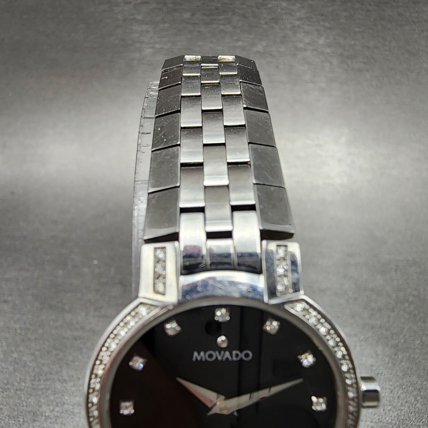 Movado Faceto Watch Women 25mm black Dial Steel Diamonds Round 605586 New Batt