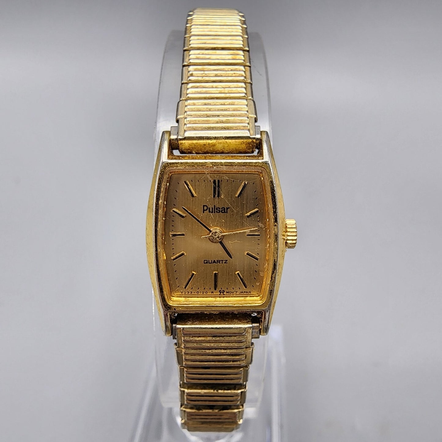 VTG Pulsar Watch Women Gold Tone Rectangle 16mm V233-5100 Stretch Band New Batt