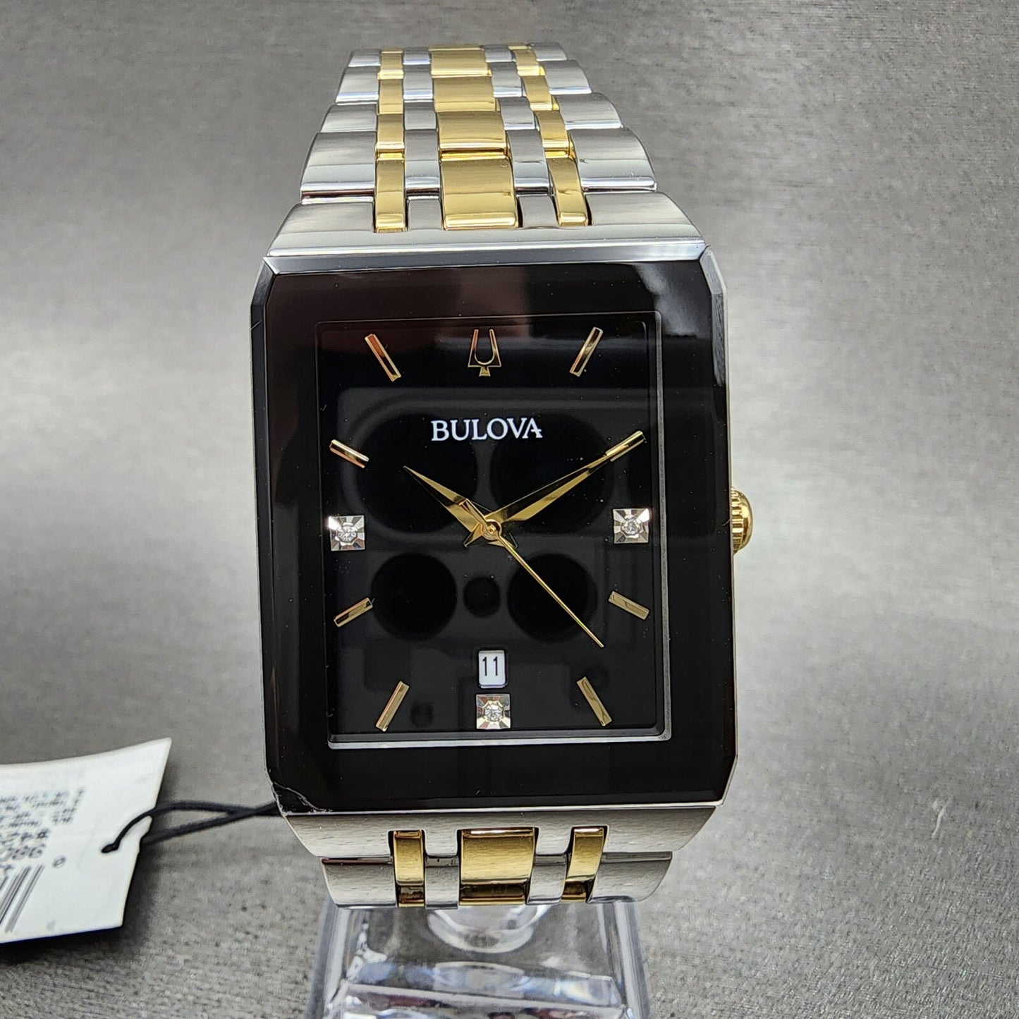 Bulova Quadra Tank Watch Women 21mm Black Dial Two Tone Rectangle 98P185 CHIPPED