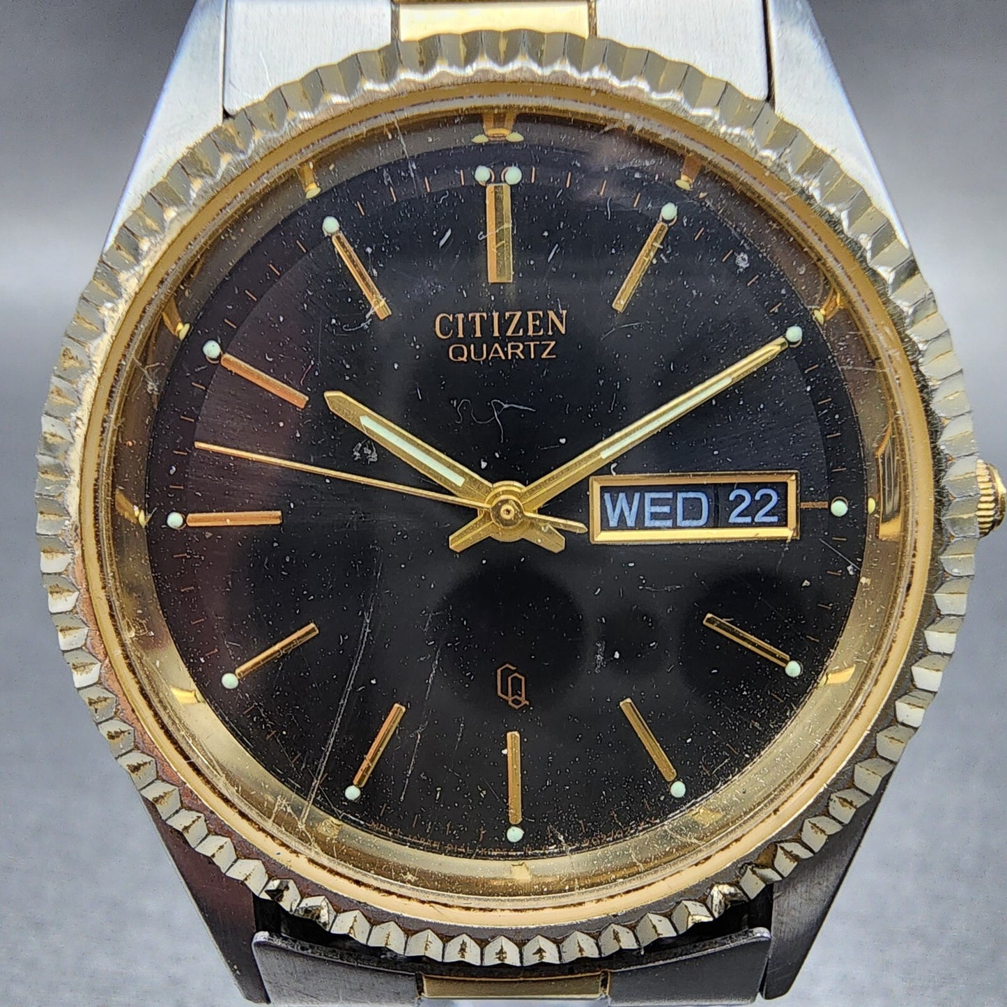 Citizen CQ President Watch Men 35mm Black Dial Two Ton Daydate 6100 NO BACK PART