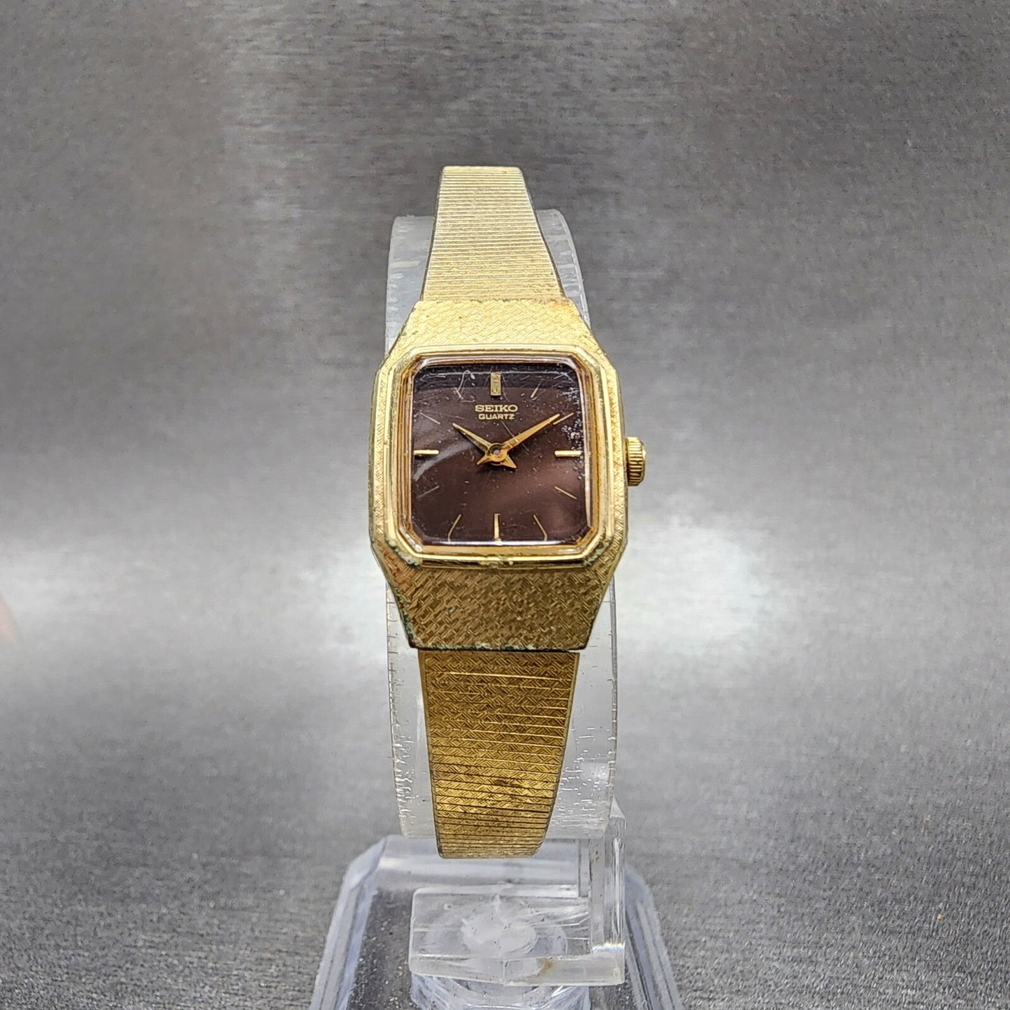 Seiko Watch Women 16mm Brown Dial Gold Tone Rectangle 2C20-5789 New Battery VTG