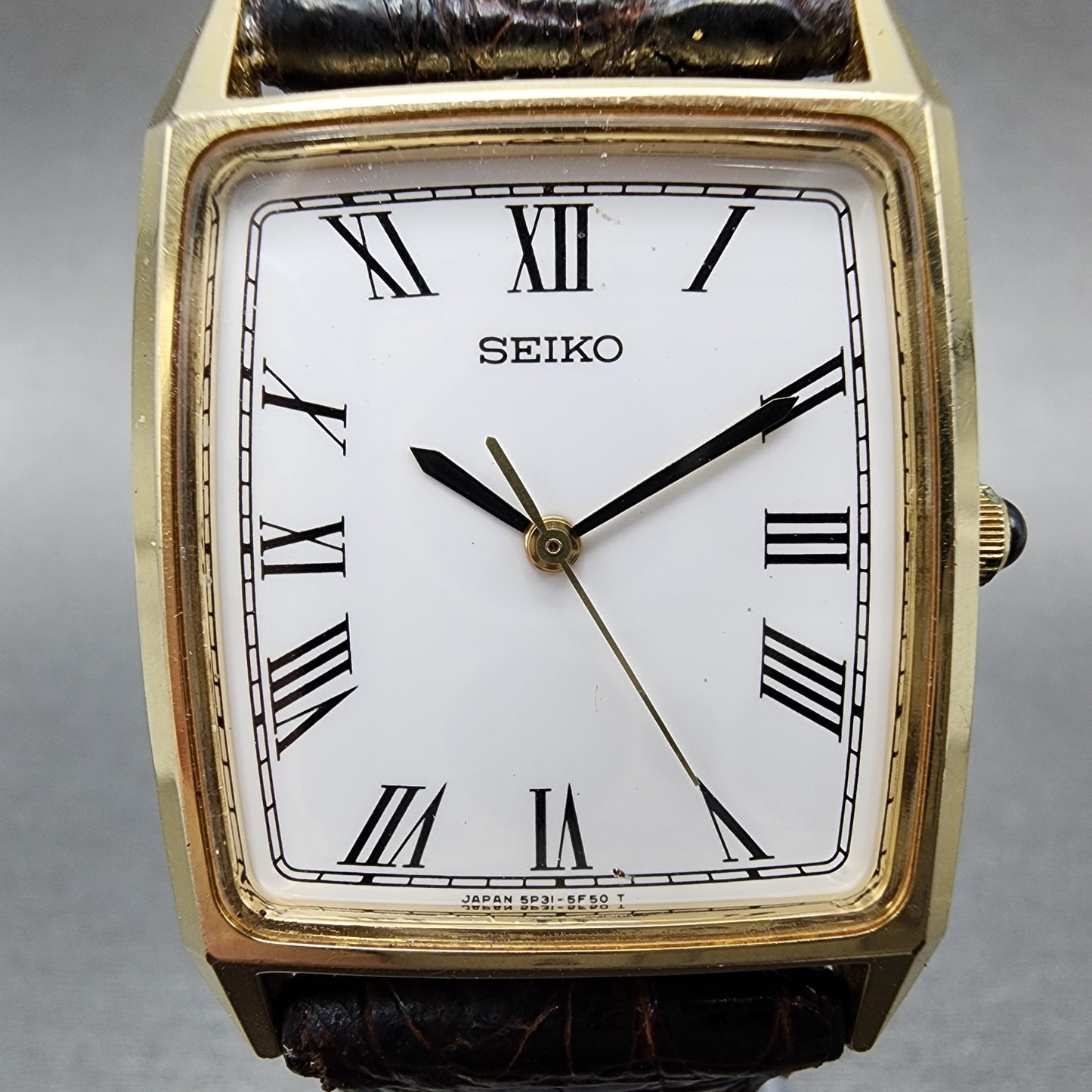 Seiko Tank Watch Men 27mm White Dial Gold Tone 5p31-5e10 New Battery