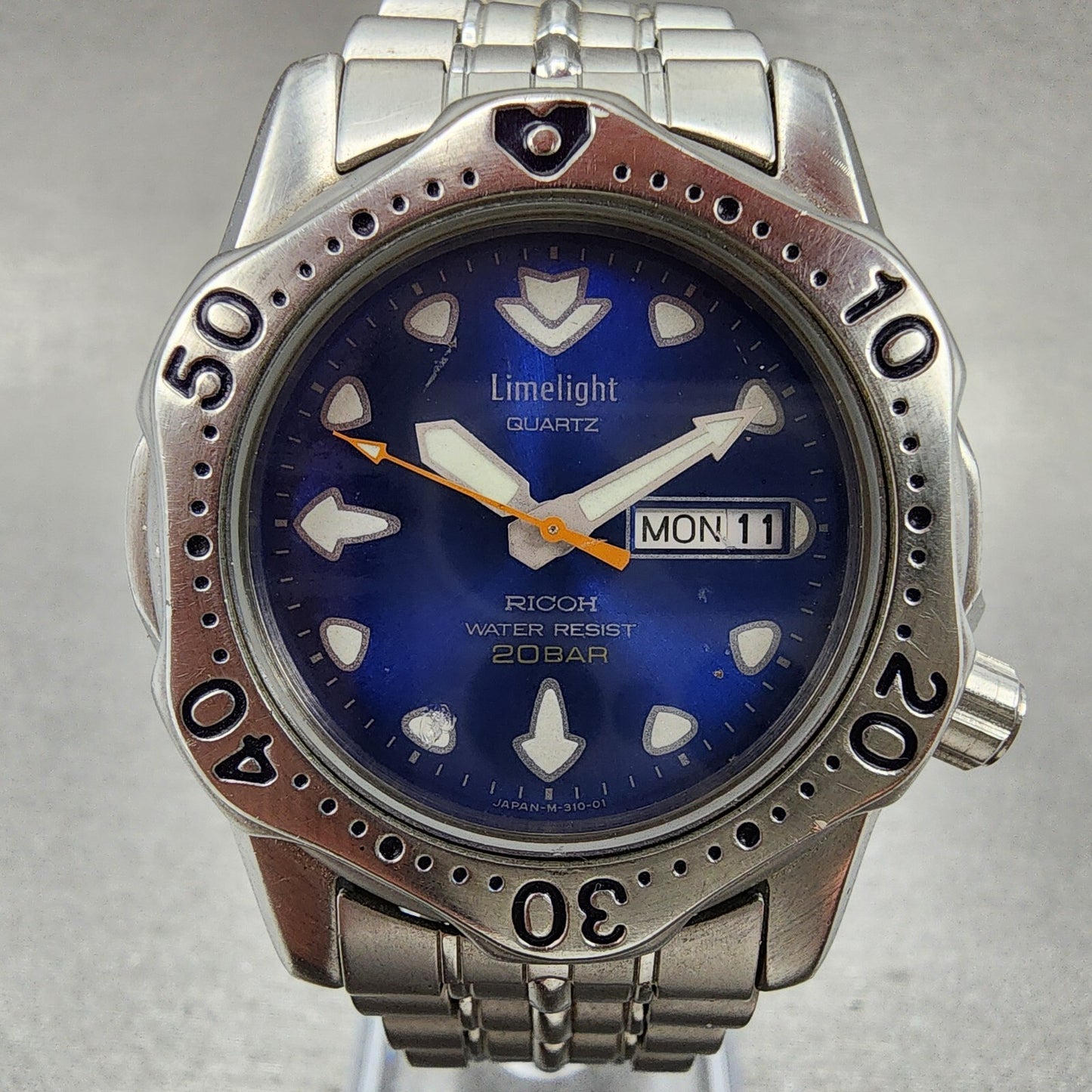Ricoh Limelight Dive Watch Men 38mm Blue Dial Steel Daydate Round New Battery