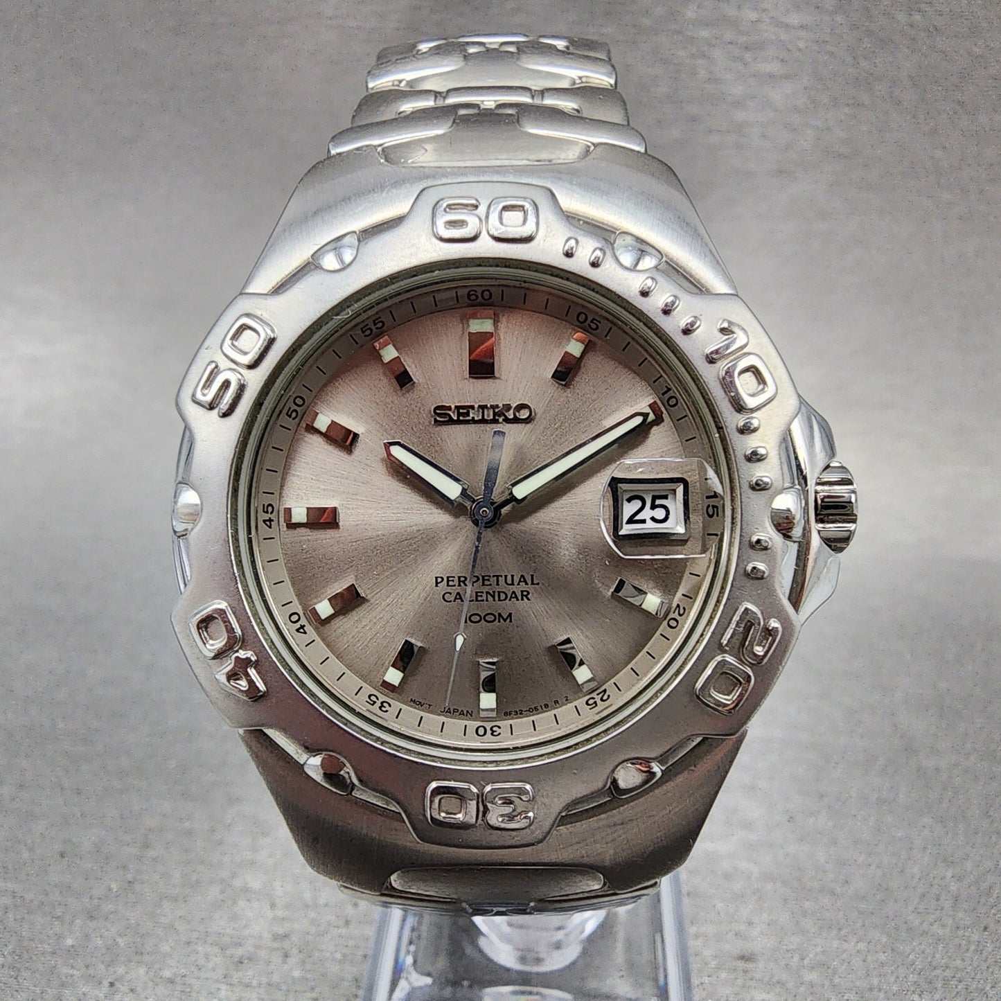 Seiko Perpetual Calendar Watch Men 39mm Silver Dial Steel Date Round New Battery