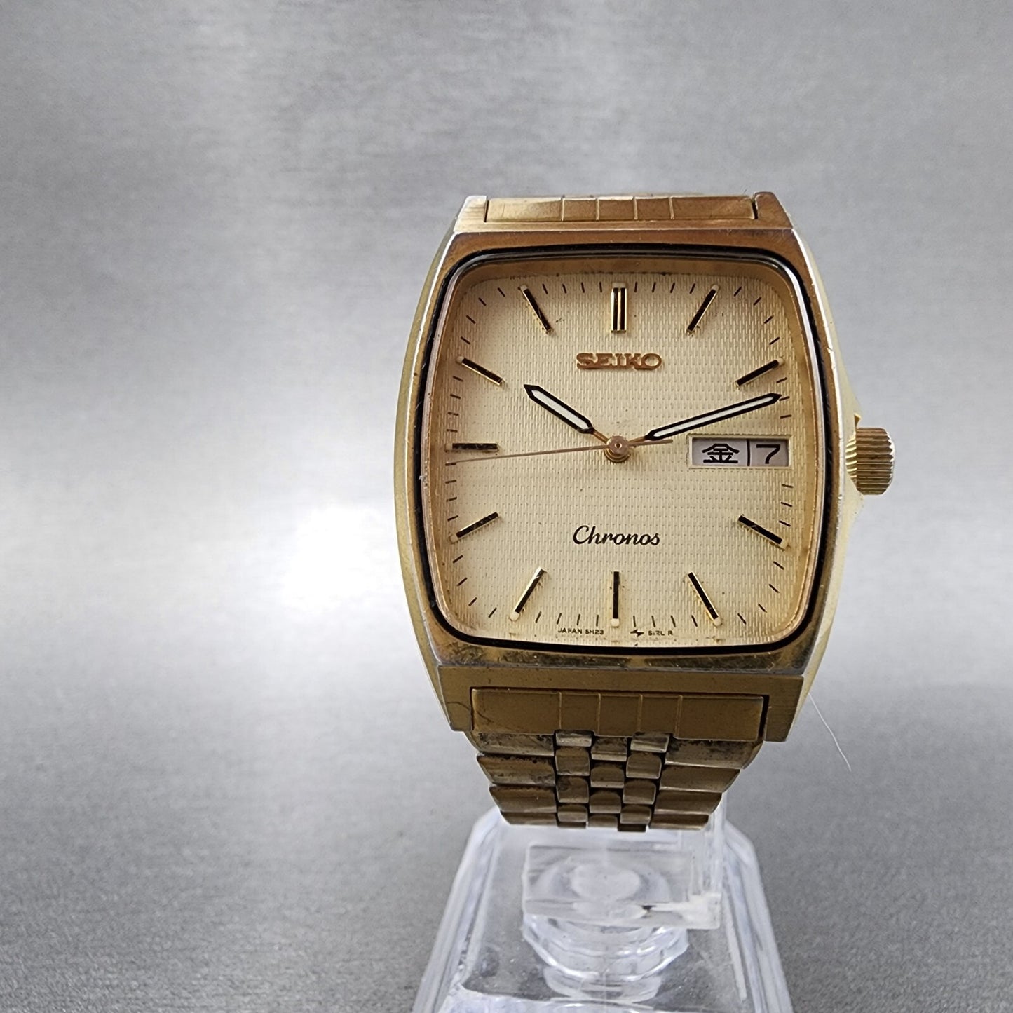 Seiko Chronos Watch Men 30mm Champagne Dial Gold Tone Daydate 5h23-5110 New Batt