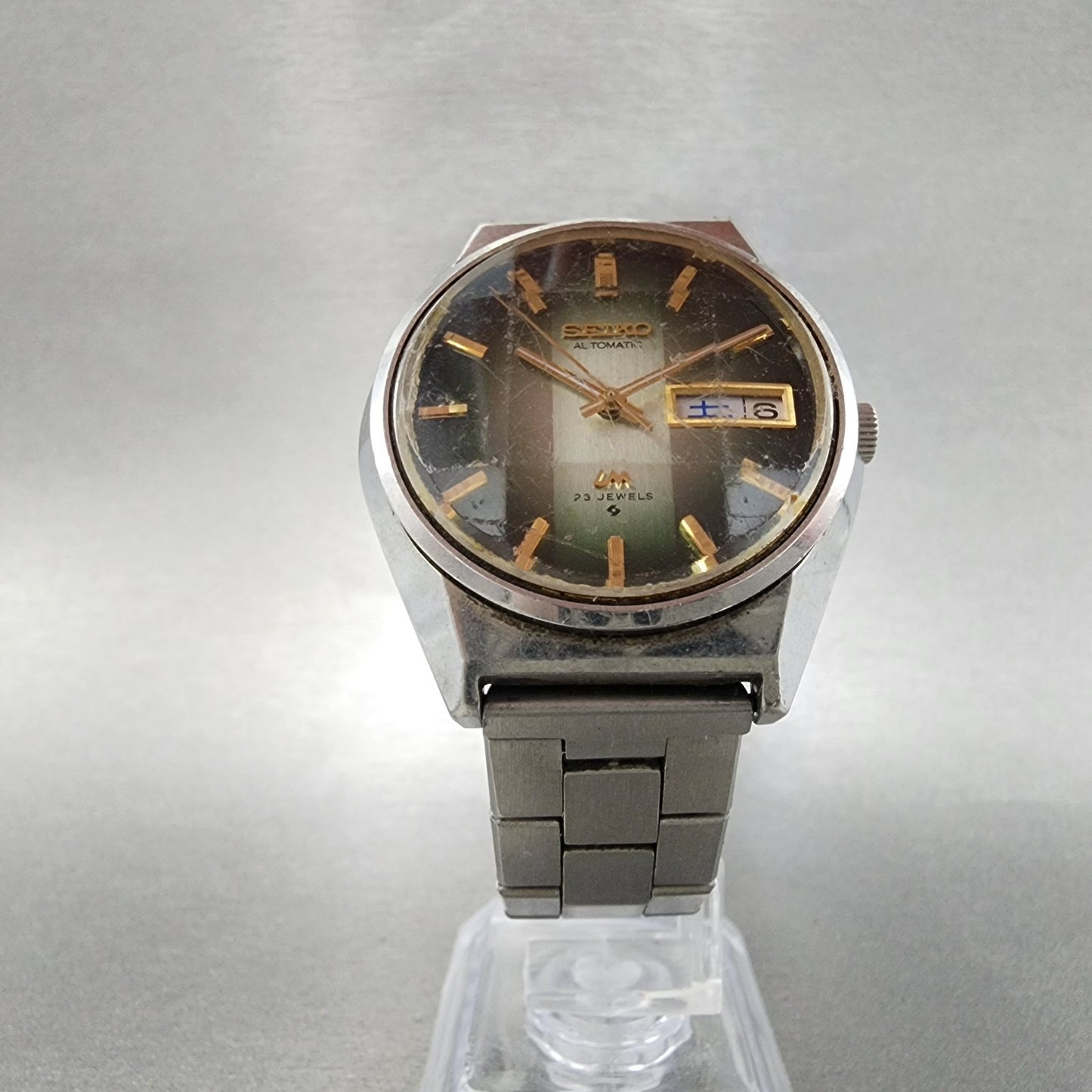 Seiko Lord Matic Watch Men 36mm Green Dial Silver Tone Daydate 5606-7310 Runs