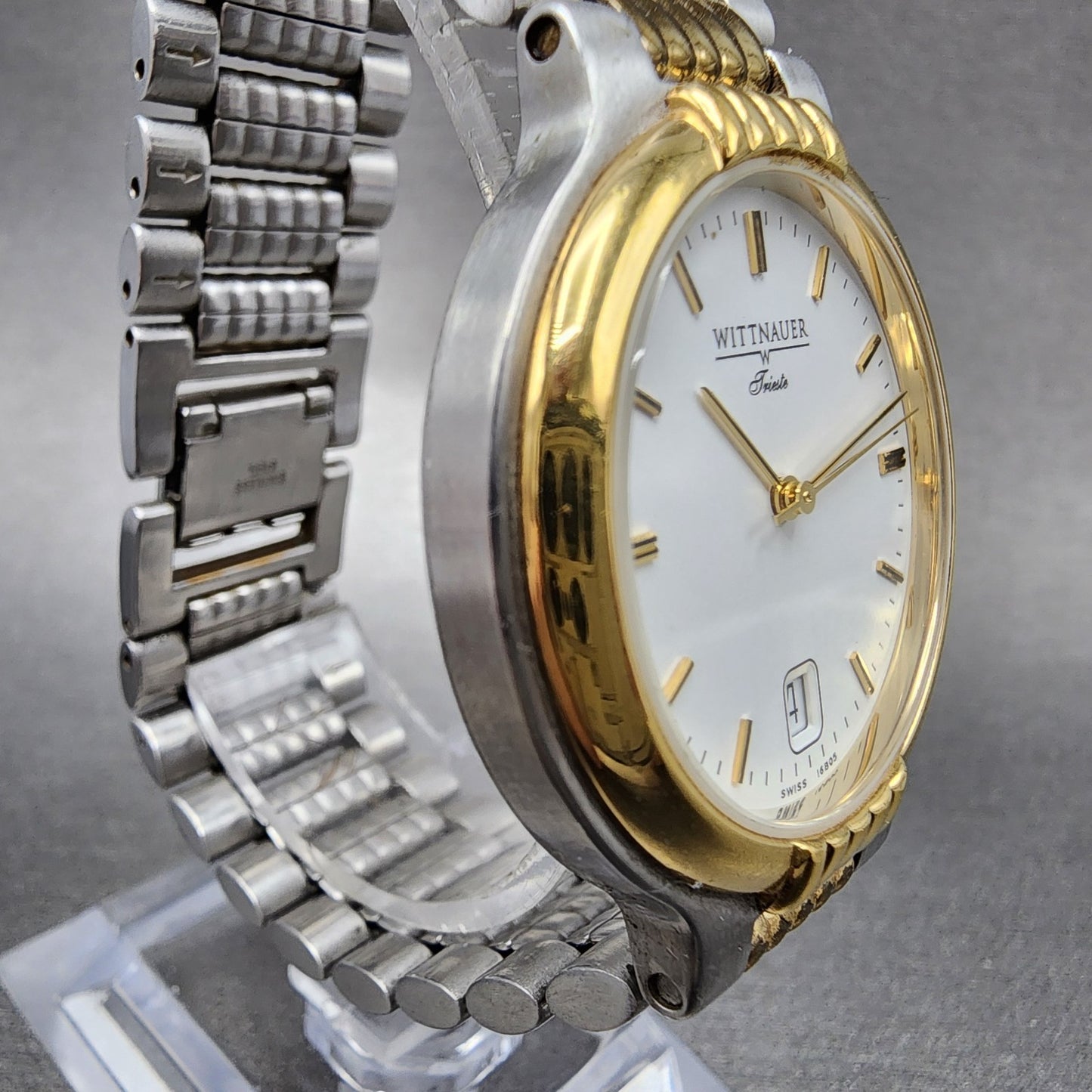 Wittnauer Trieste Watch Men 34m White Dial Two Tone Date Round New Battery