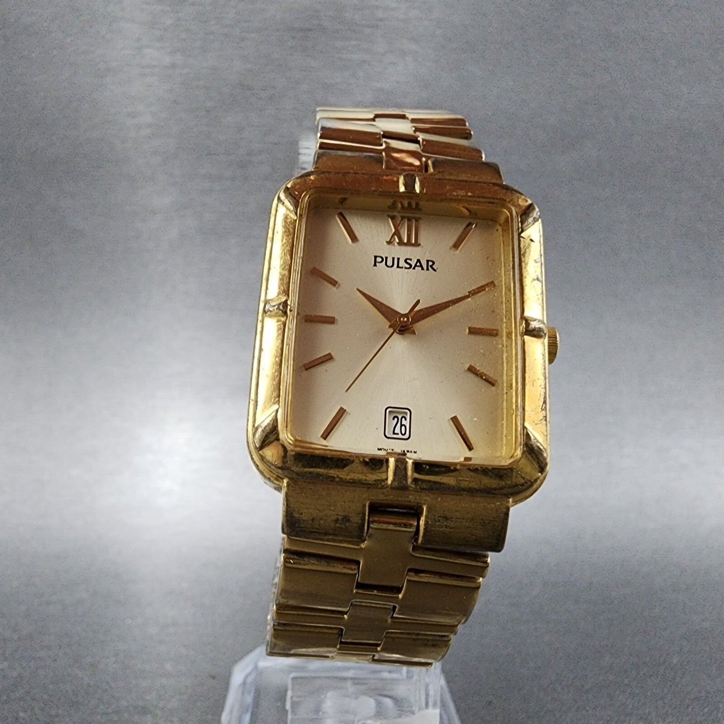 Pulsar Tank Watch Men 26mm Champagne Dial Gold Tone Date Rectangle New Battery