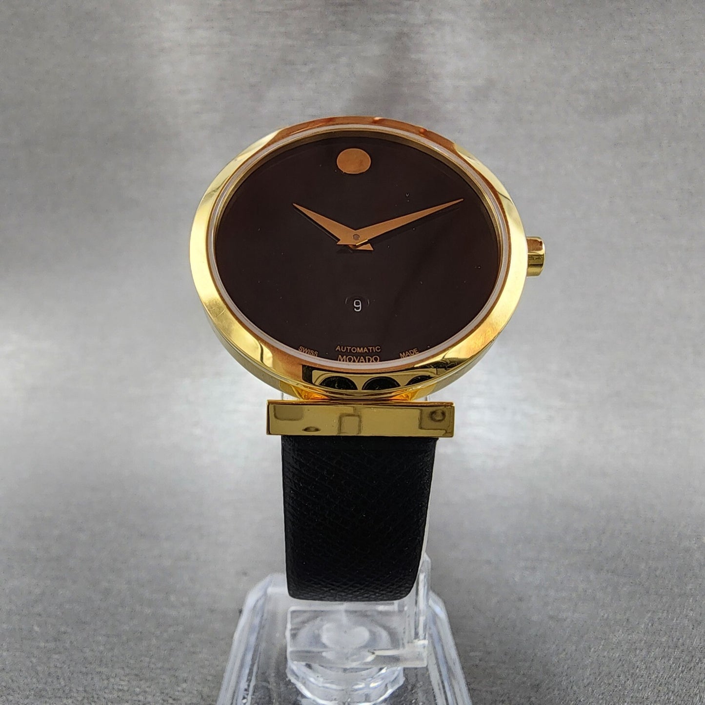 Movado Museum Classic Automatic Watch Women 32mm Black Dial Gold Date Leather