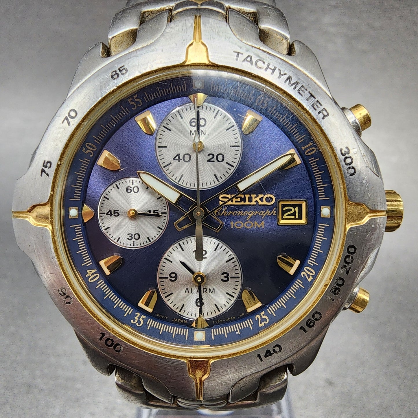 Seiko Chronograph Watch Men 38mm Blue Dial Two Tone Date 7t62-0ch0 New Battery