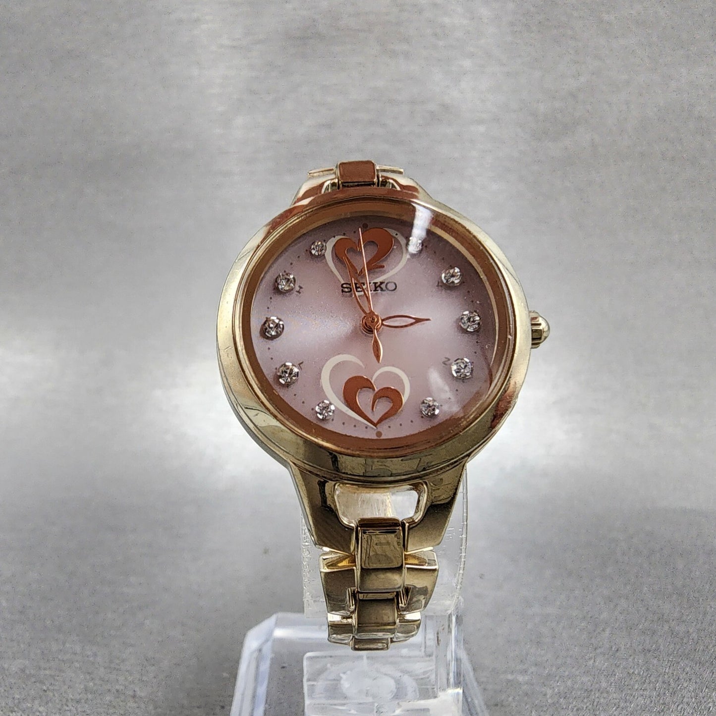 Seiko Solar Atomic Watch Women 27mm Pink Heart Dial Gold Tone 3b51-0ar0 Runs
