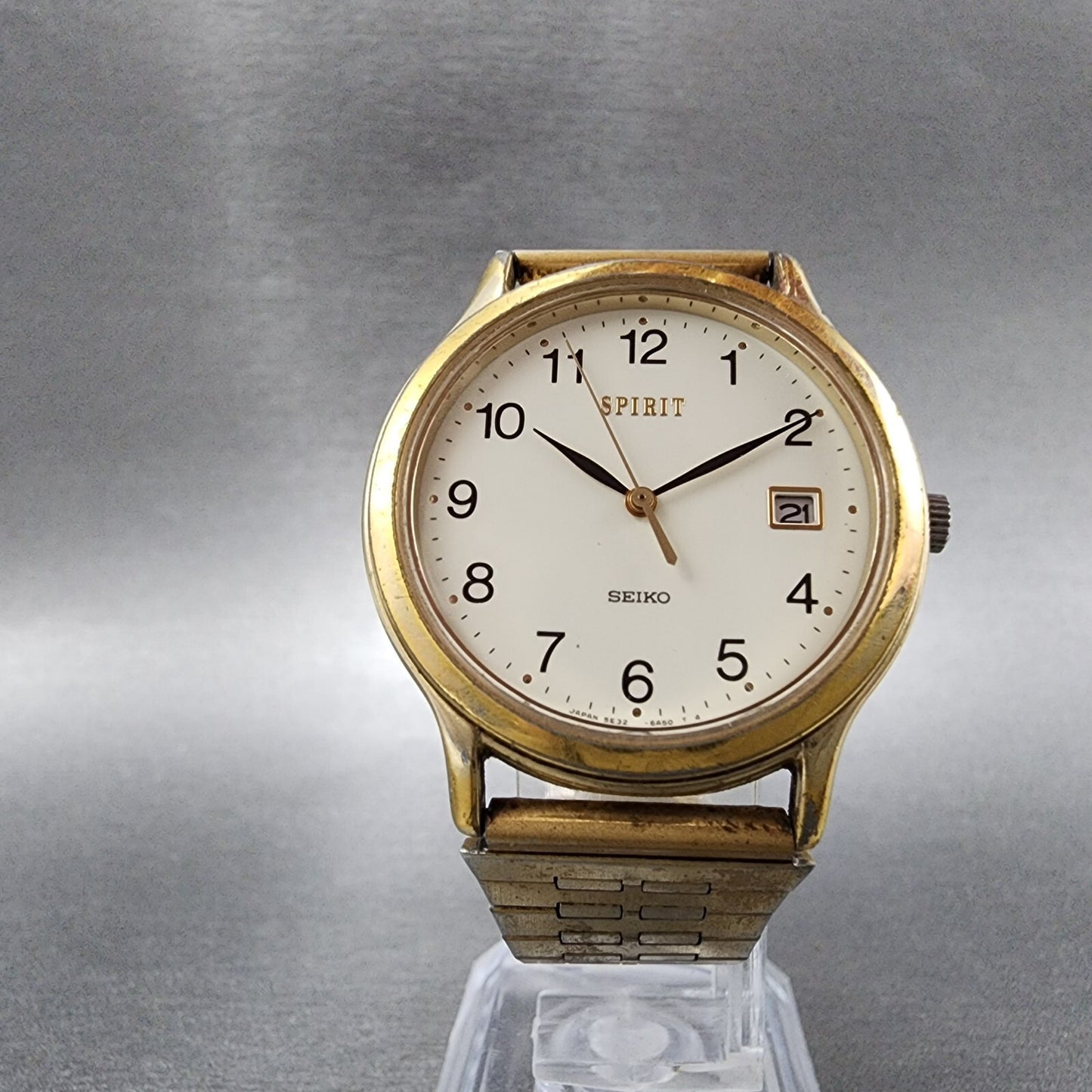Seiko Spirit Watch Men 33mm White Dial Gold Tone Date Round 5E32-6A3A New Batt