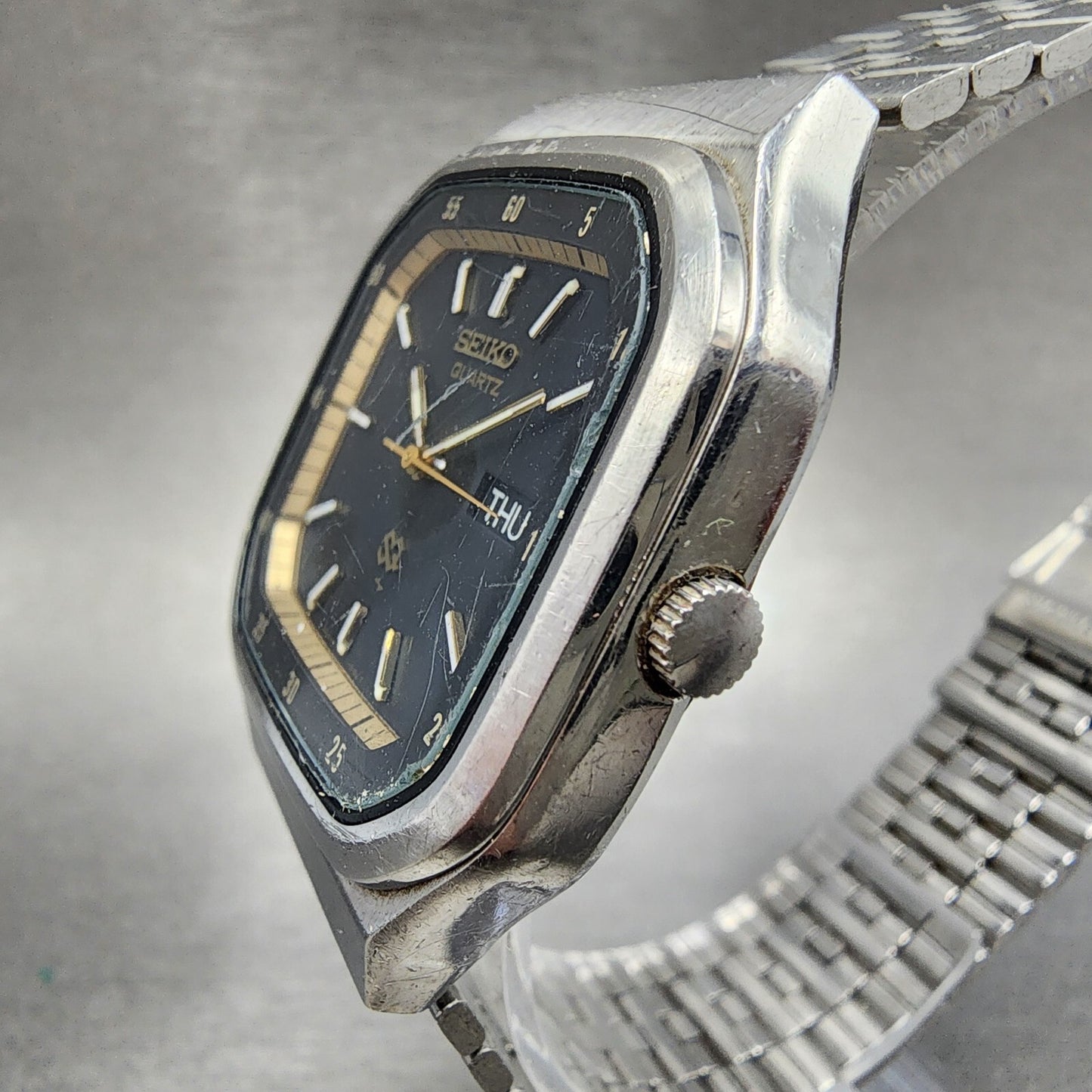 Seiko SQ Watch Men 36mm Black Dial Stainless Steel Daydate Rectangle New Battery