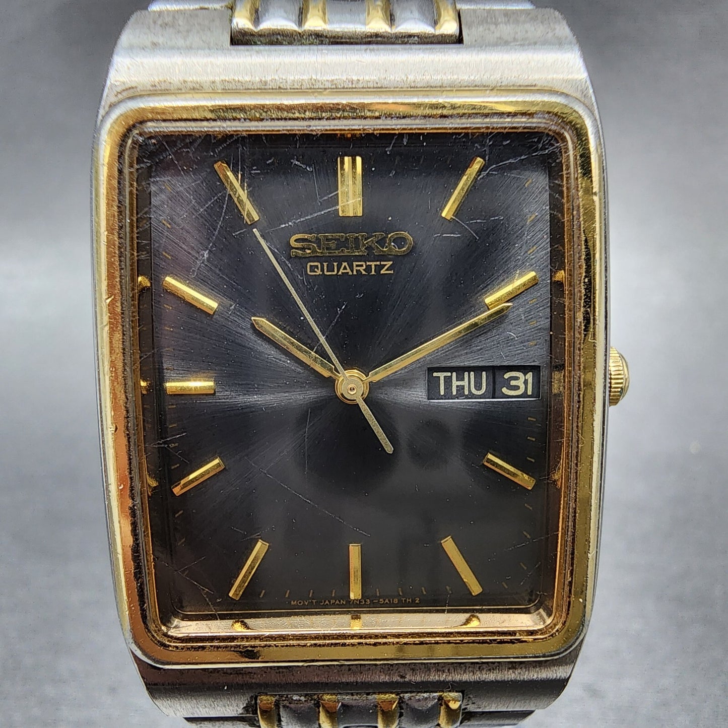 Seiko Tank Watch Men 29mm Gray Dial Two Tone Daydate Rectangle New Battery B123