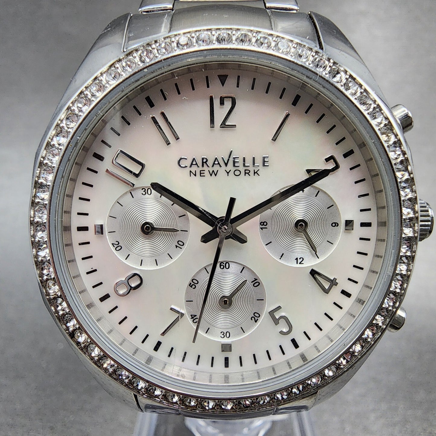 Bulova Caravelle Chronograph Watch Women 37mm MOP Dial Steel Round New Battery
